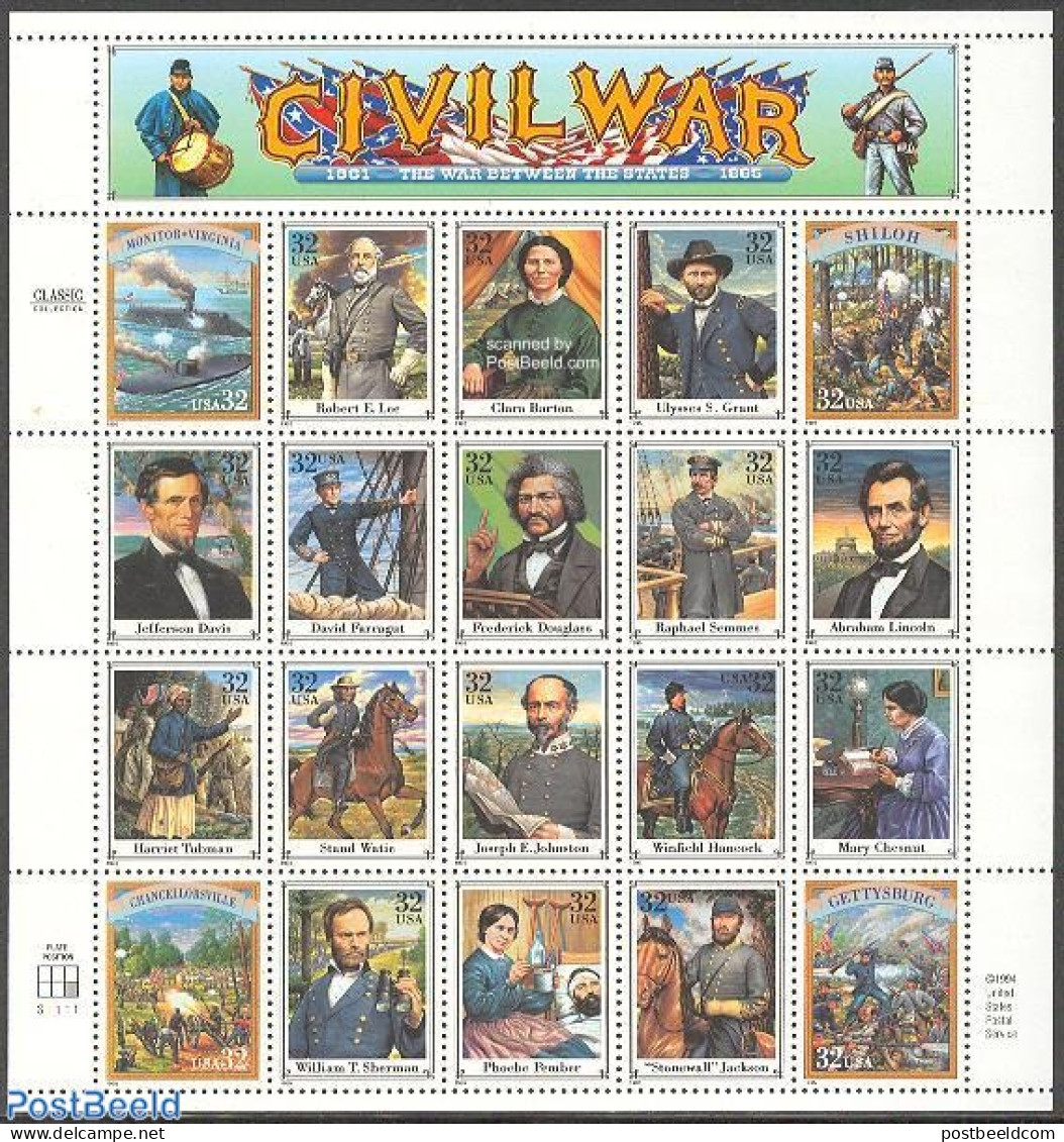 United States Of America 1995 Civil War 20v M/s, Mint NH, History - Nature - Transport - Various - American Presidents.. - Unused Stamps