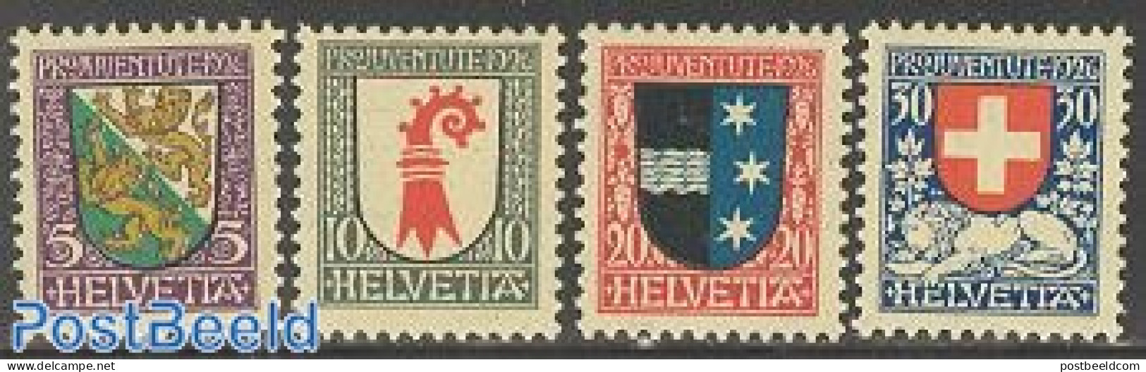 Switzerland 1926 Pro Juventute, Coat Of Arms 4v, Mint NH, History - Nature - Coat Of Arms - Cat Family - Unused Stamps