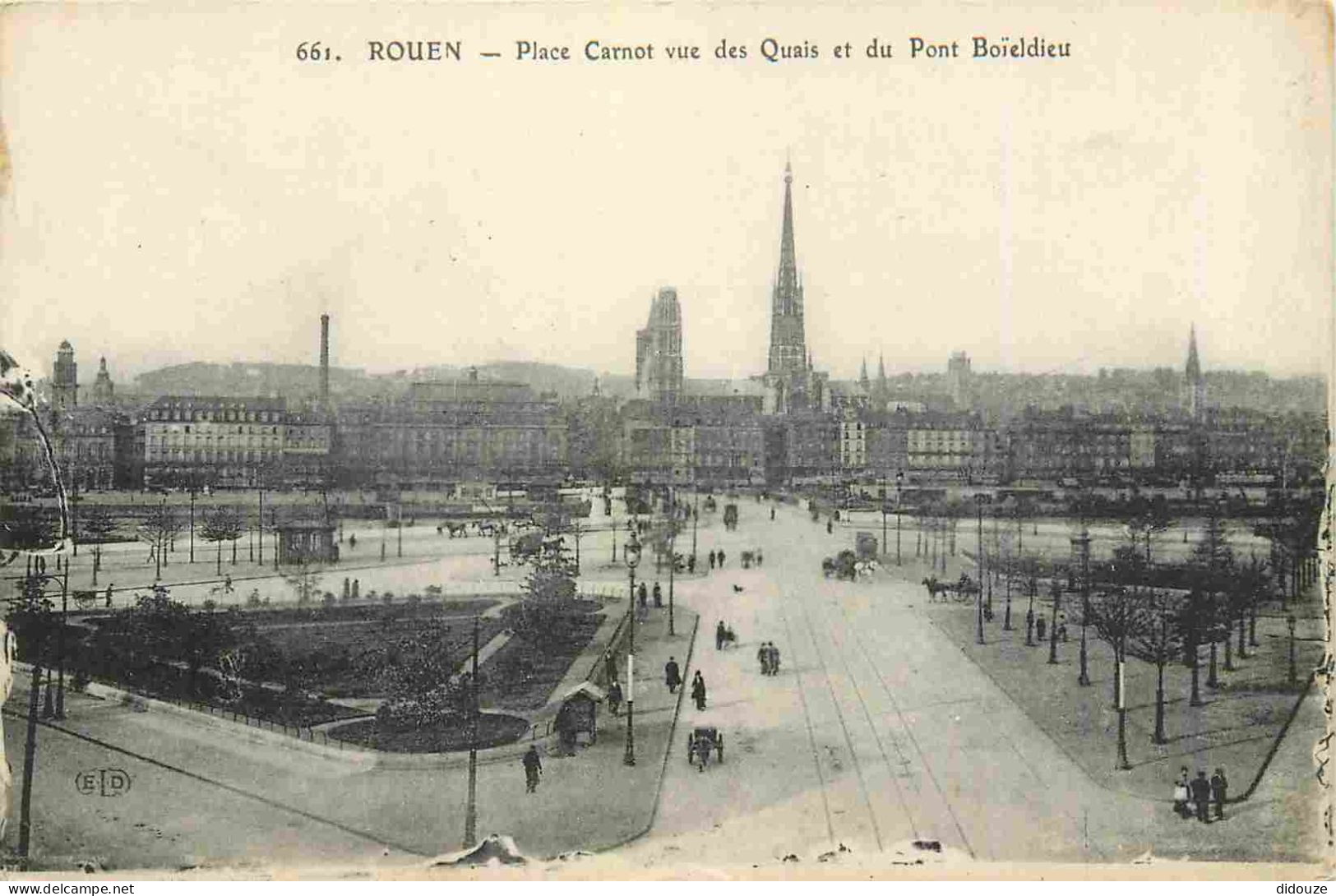 76 - Rouen - Place Carnot Vue Des Quais Et Du Pont Boïeldieu - Animée - CPA - Oblitération Ronde De 1917 - Voir Scans Re - Rouen