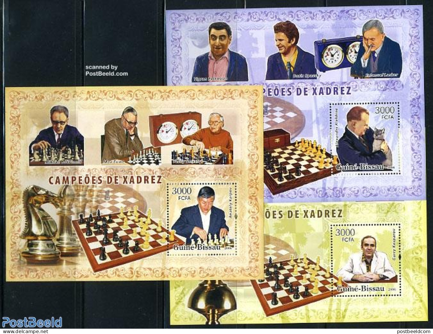 Guinea Bissau 2006 Chess Champions 3 S/s, Mint NH, Nature - Sport - Cats - Horses - Chess - Scacchi