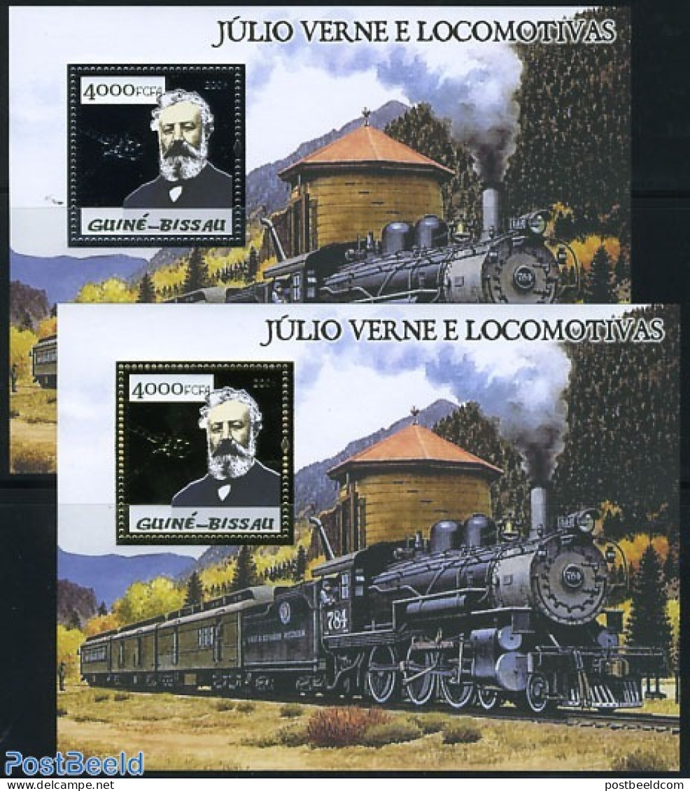 Guinea Bissau 2005 Jules Verne 2 S/s, Silver, Gold, Mint NH, Transport - Railways - Jules Verne - Trains