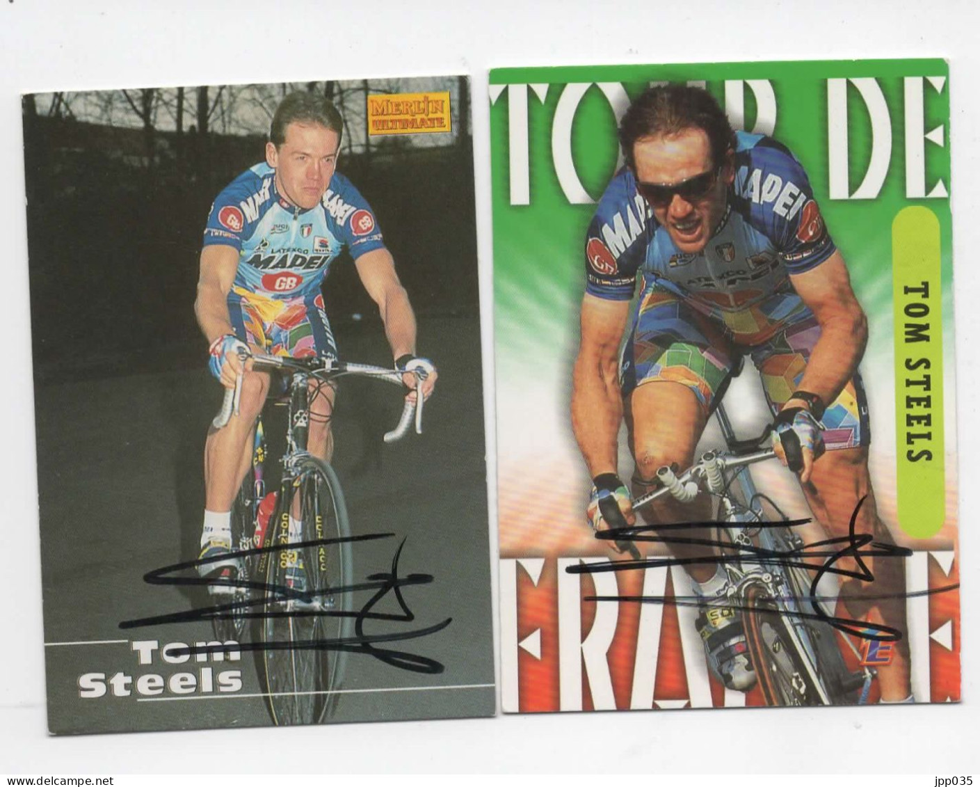 CYCLISME  TOUR DE FRANCE 2 CARTES 6 X 9 DE TOM STEELS  AVEC SIGNATURE MERLIN 1996 ET EUROSTAR 1997 - Radsport