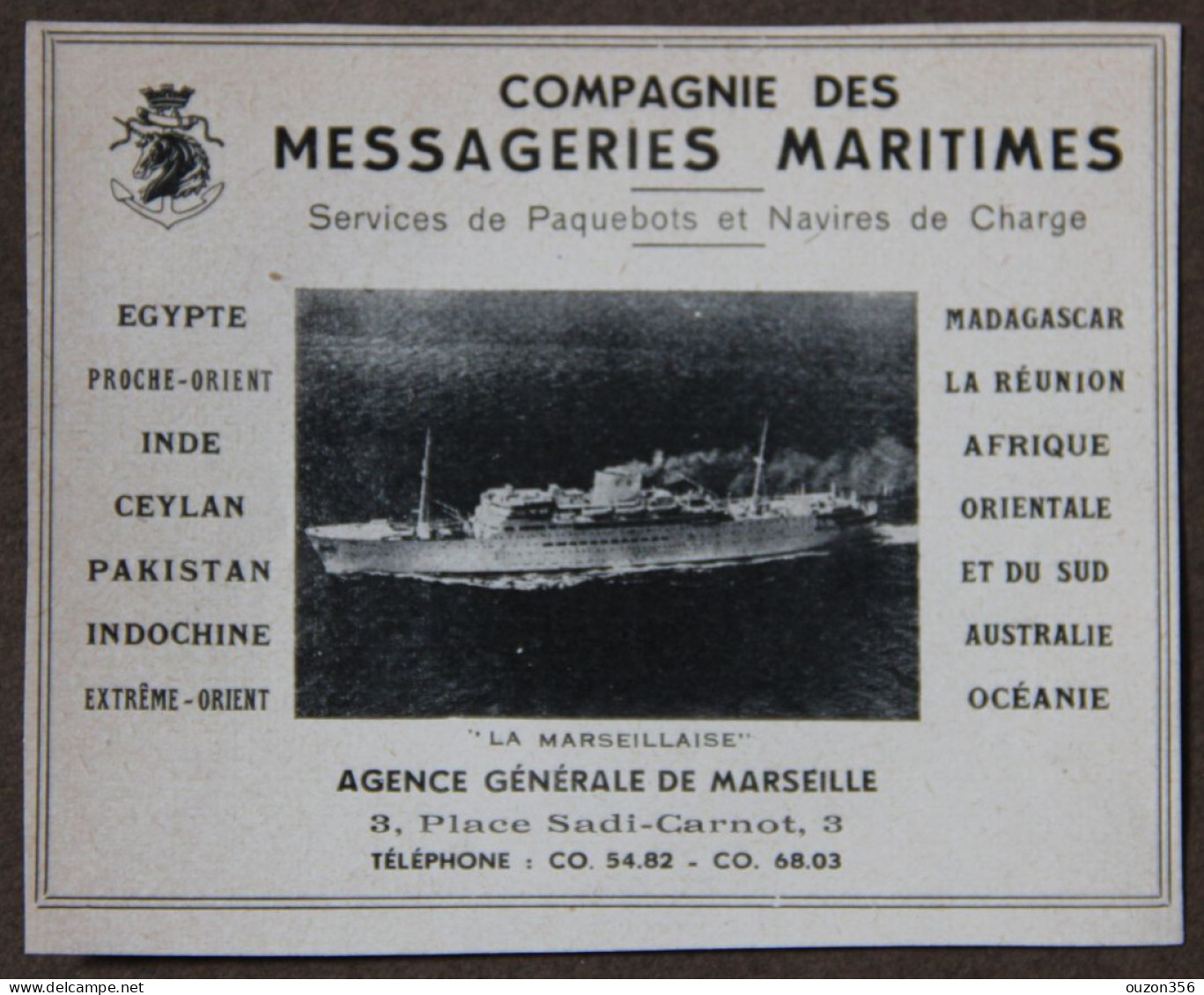 Publicité, Compagnie Des Messageries Maritimes, Marseille, 1951 - Publicités