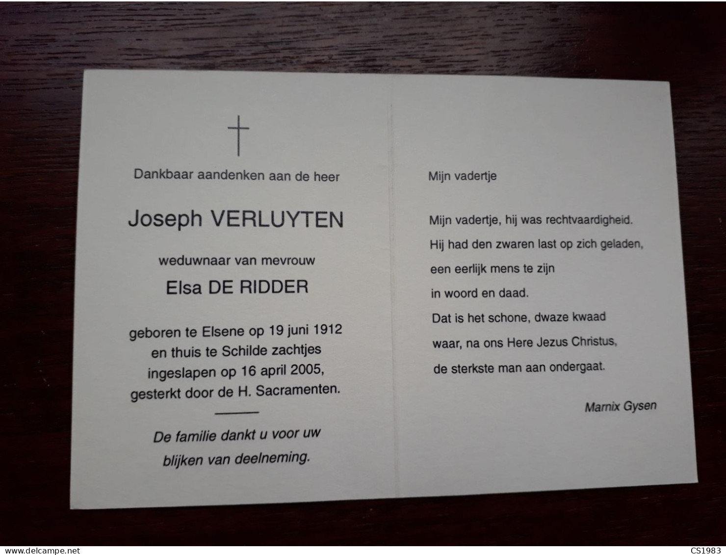 Joseph Verluyten ° Elsene 1912 + Schilde 2005 X Elsa De Ridder - Obituary Notices