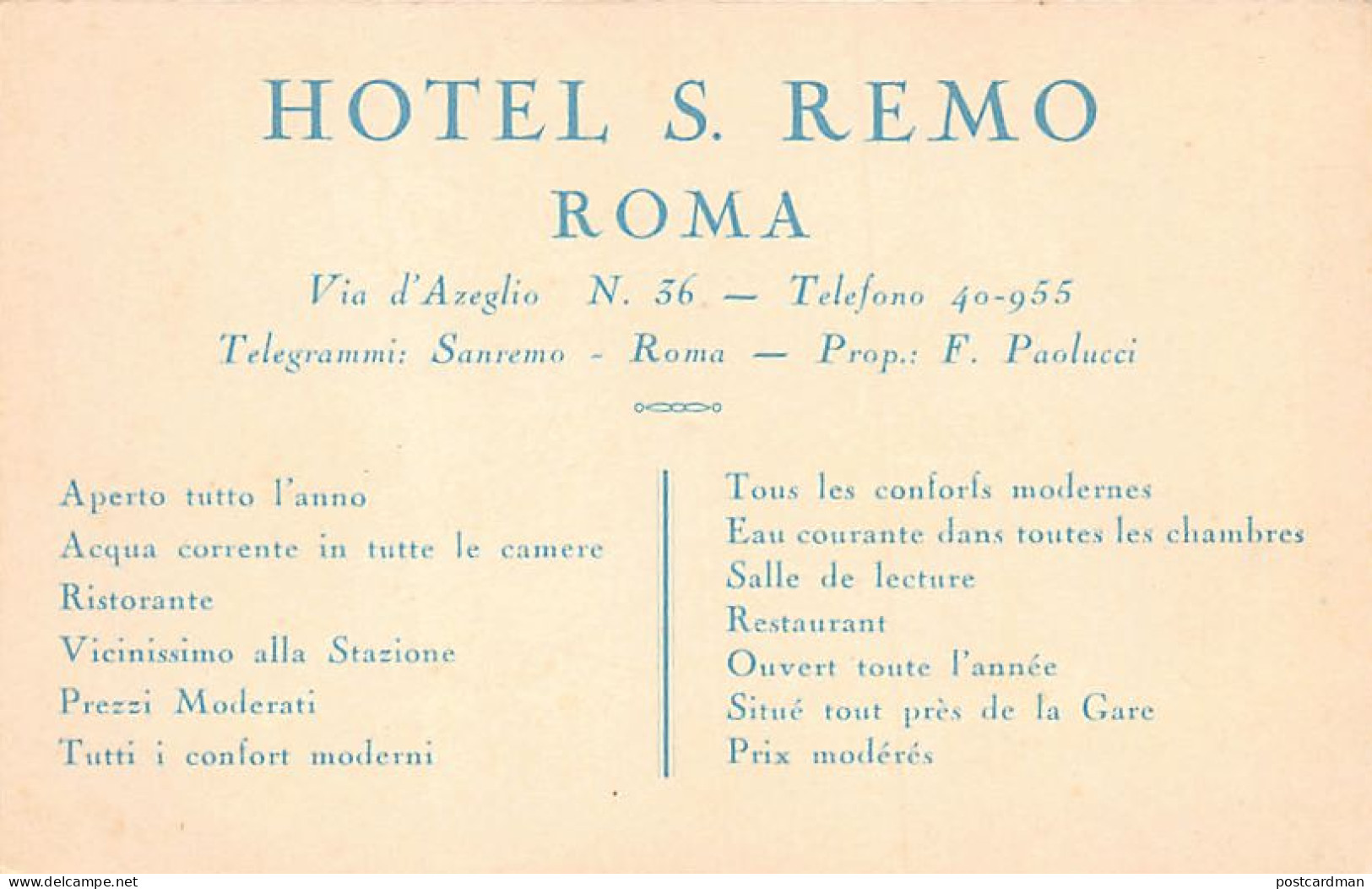 Italia - ROMA - Hotel San Remo, Via D'Azeglio 36 - Cafés, Hôtels & Restaurants