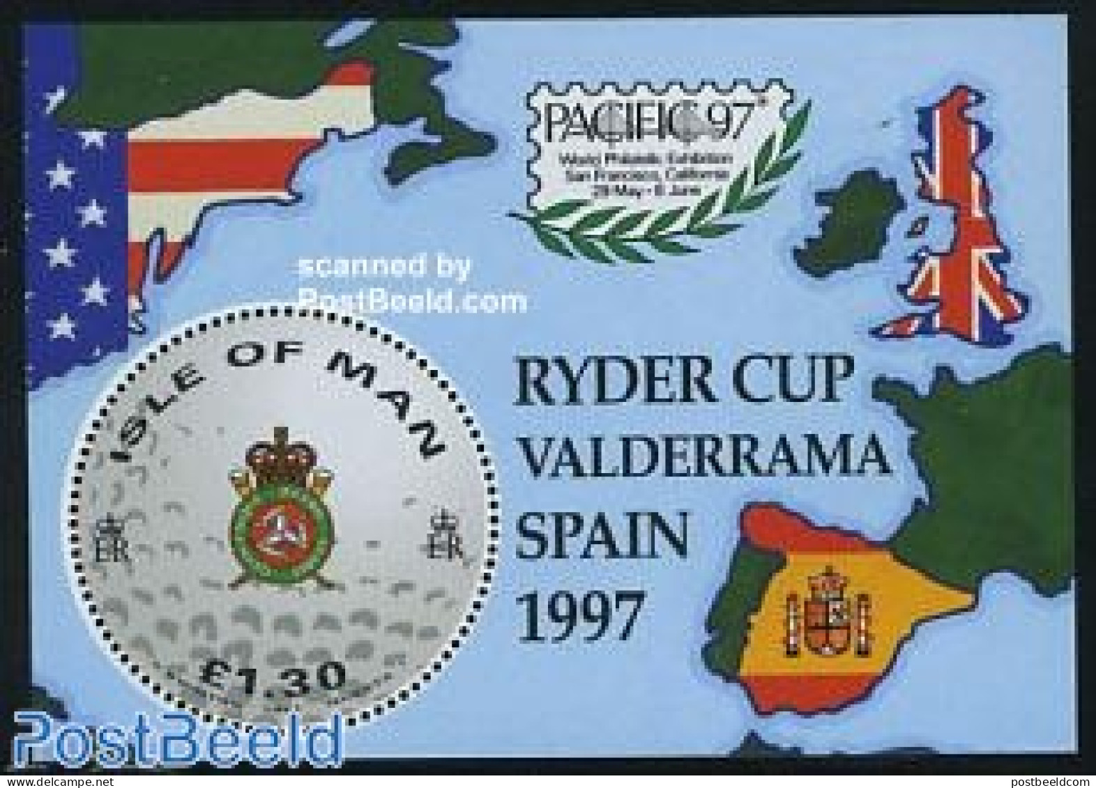 Isle Of Man 1997 Ryder Cup, Golf Sport S/s, Mint NH, Sport - Various - Golf - Sport (other And Mixed) - Maps - Round-s.. - Golf