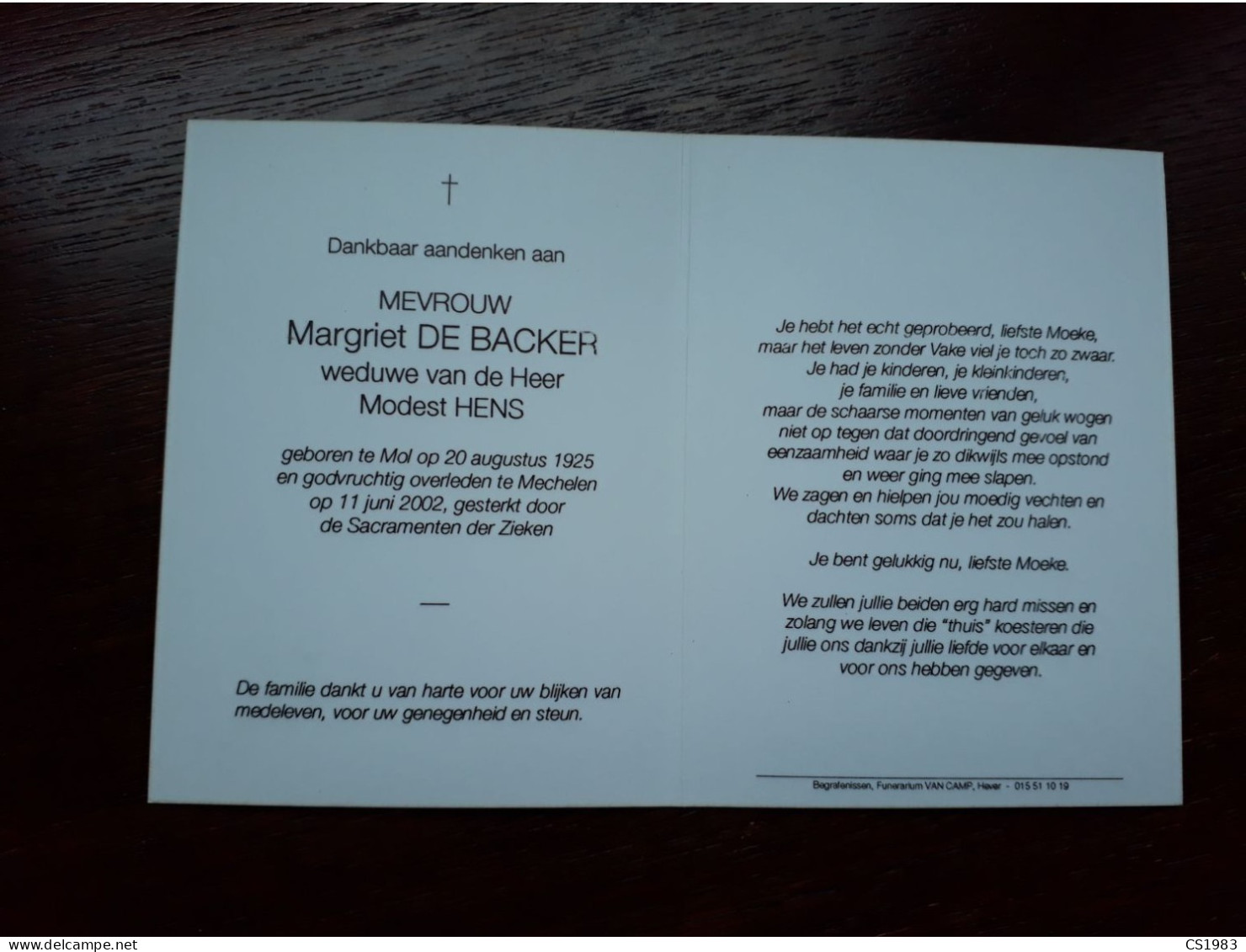 Margriet De Backer ° Mol 1925 + Mechelen 2002 X Modest Hens - Overlijden