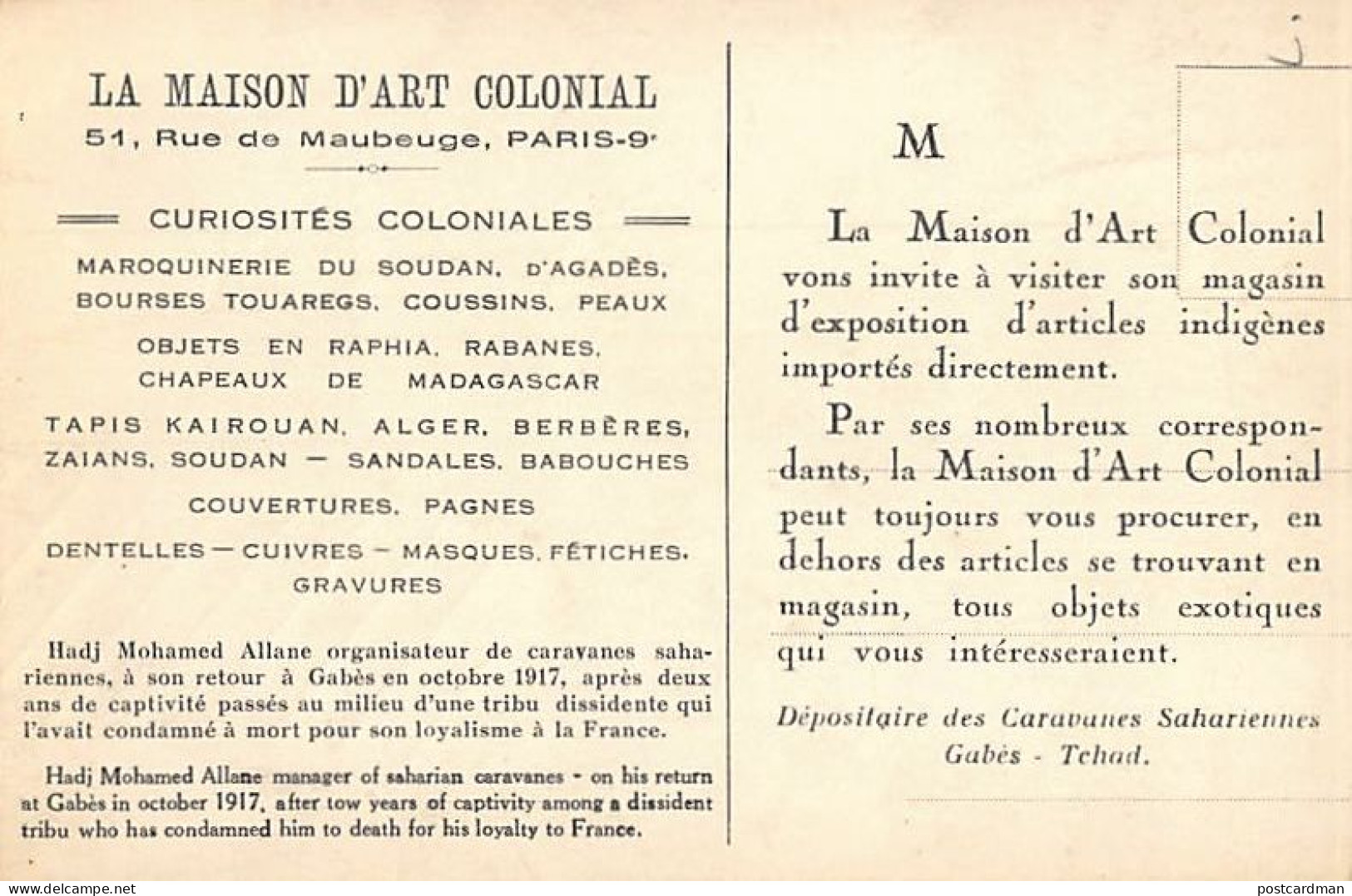 Tunisie - Hadj Mohamed Allane, Organisateur De Caravanes Sahariennes (Gabès, Octobre 1917), Après 2 Ans De Captivité Dan - Tunisia