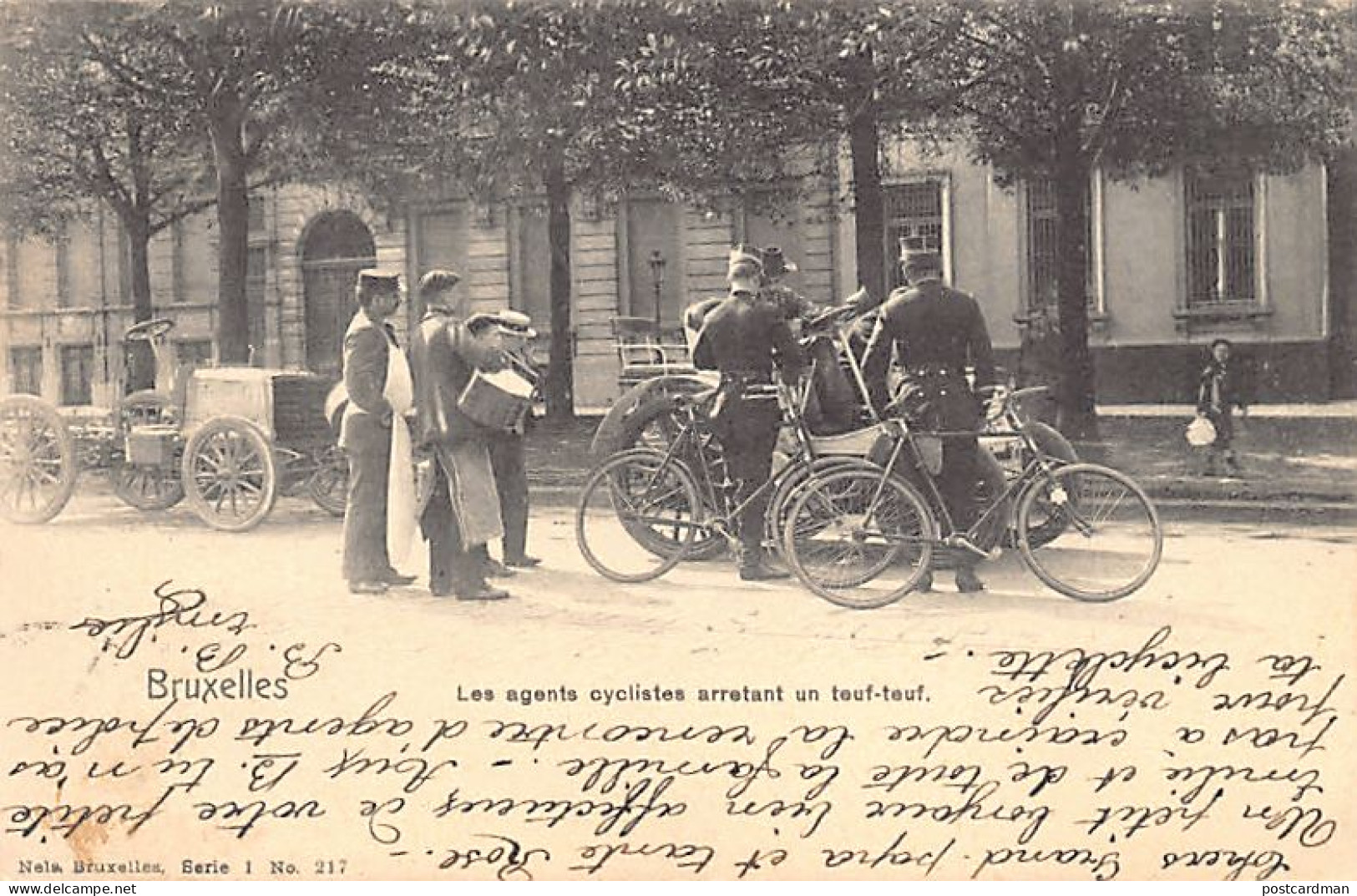 BRUXELLES - Les Agents Cyclistes Arrêtant Un Teuf-teuf - Ed. Nels Série 1 N. 217 - Old Professions