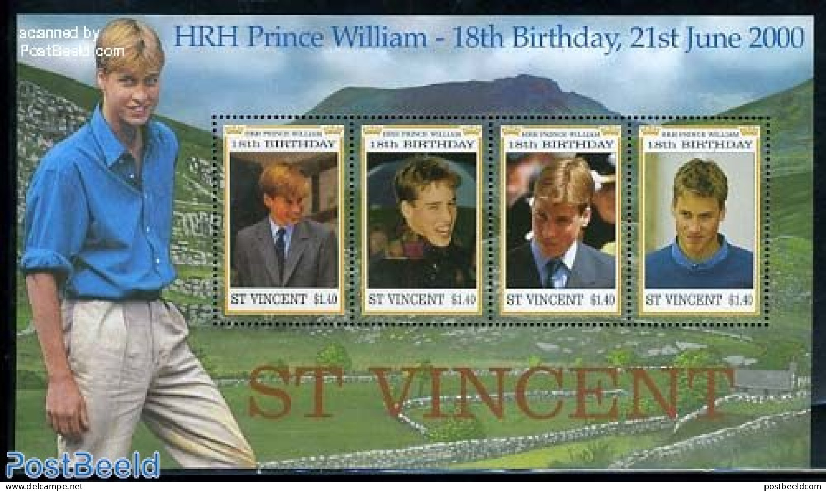 Saint Vincent 2000 Prince William 18th Birthday 4v M/s, Mint NH, History - Kings & Queens (Royalty) - Royalties, Royals