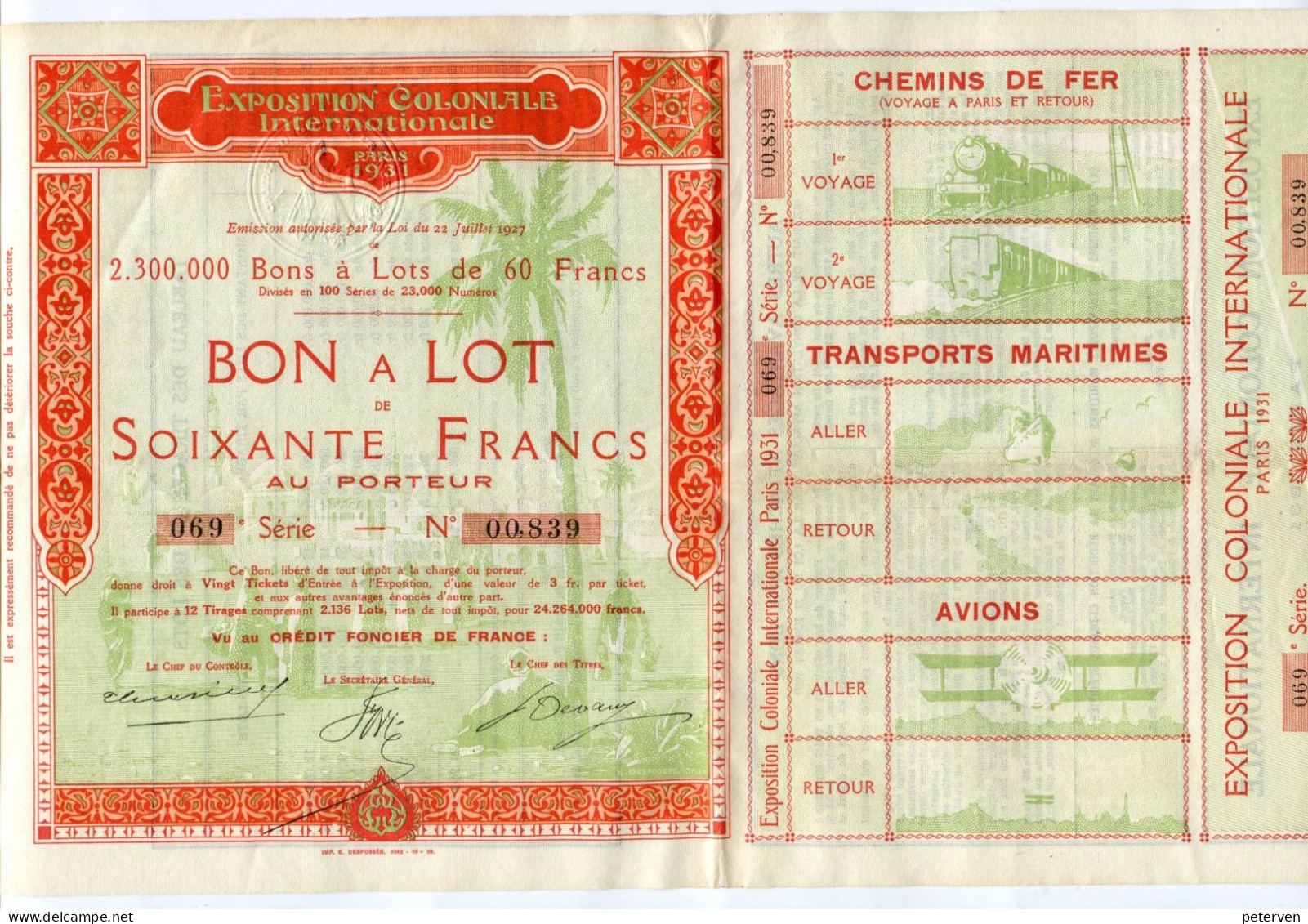 EXPOSITION COLONIALE INTERNATIONALE; Bon à Lot - Banque & Assurance