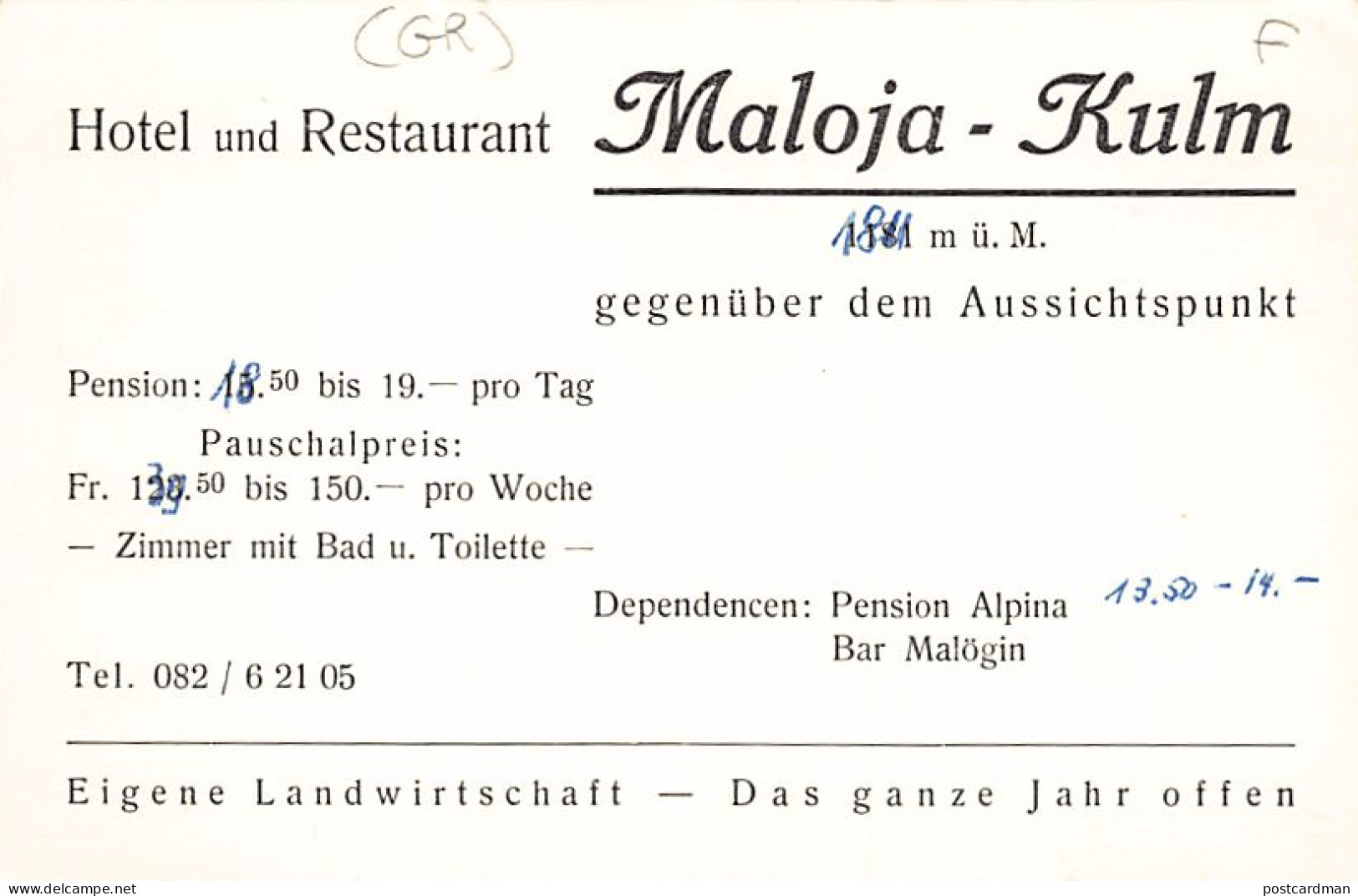 BREGAGLIA (GR) Werbekarte - Hôtel Restaurant Maloja-Kulm - Verlag Unbekannt  - Bregaglia