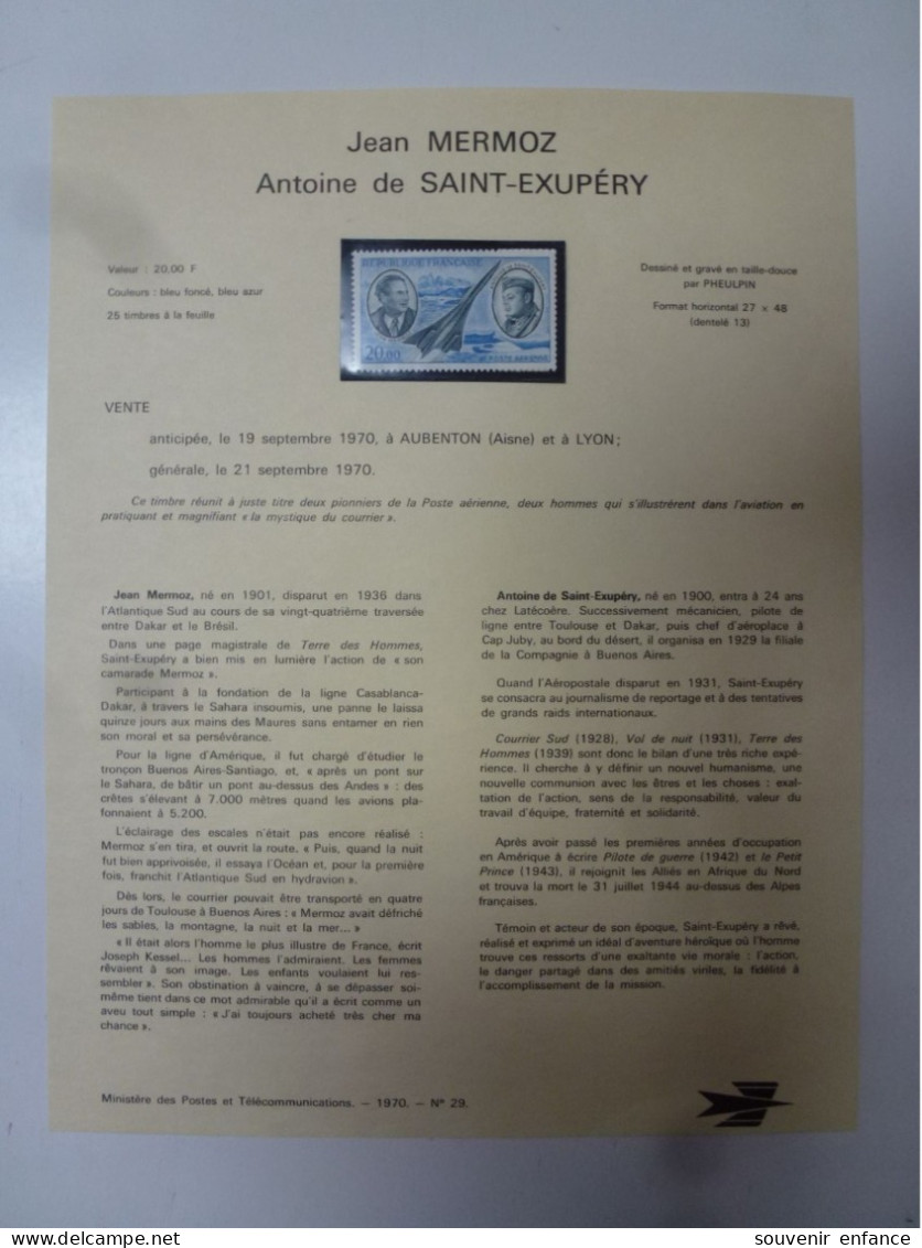 1970 Poste Aérienne N°44 Feuille Complète Mermoz Saint Exupéry Plus Document Philatélique Coin Daté 3/9/70 Neuf  ** - 1960-.... Postfris