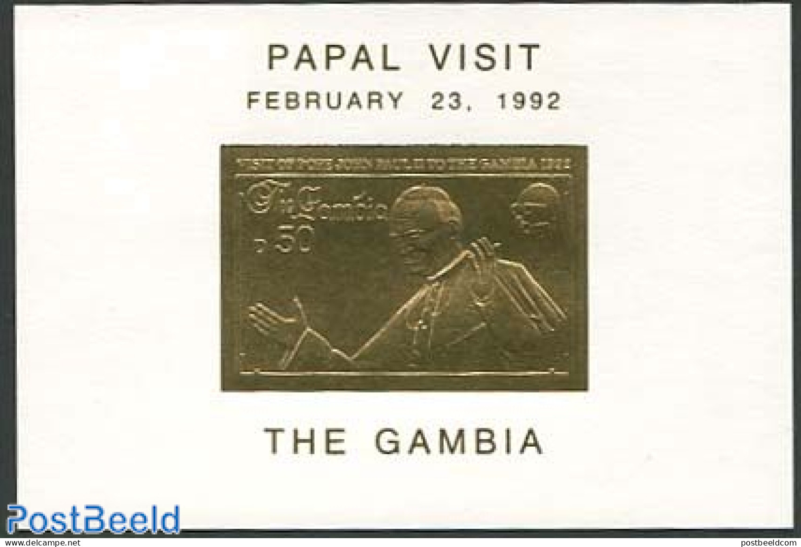 Gambia 1992 Pope Visit S/s, Gold, Mint NH, Religion - Pope - Religion - Päpste