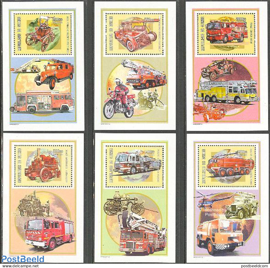Guinea, Republic 2001 Fire Engines 6 S/s, Mint NH, Transport - Automobiles - Fire Fighters & Prevention - Motorcycles - Autos
