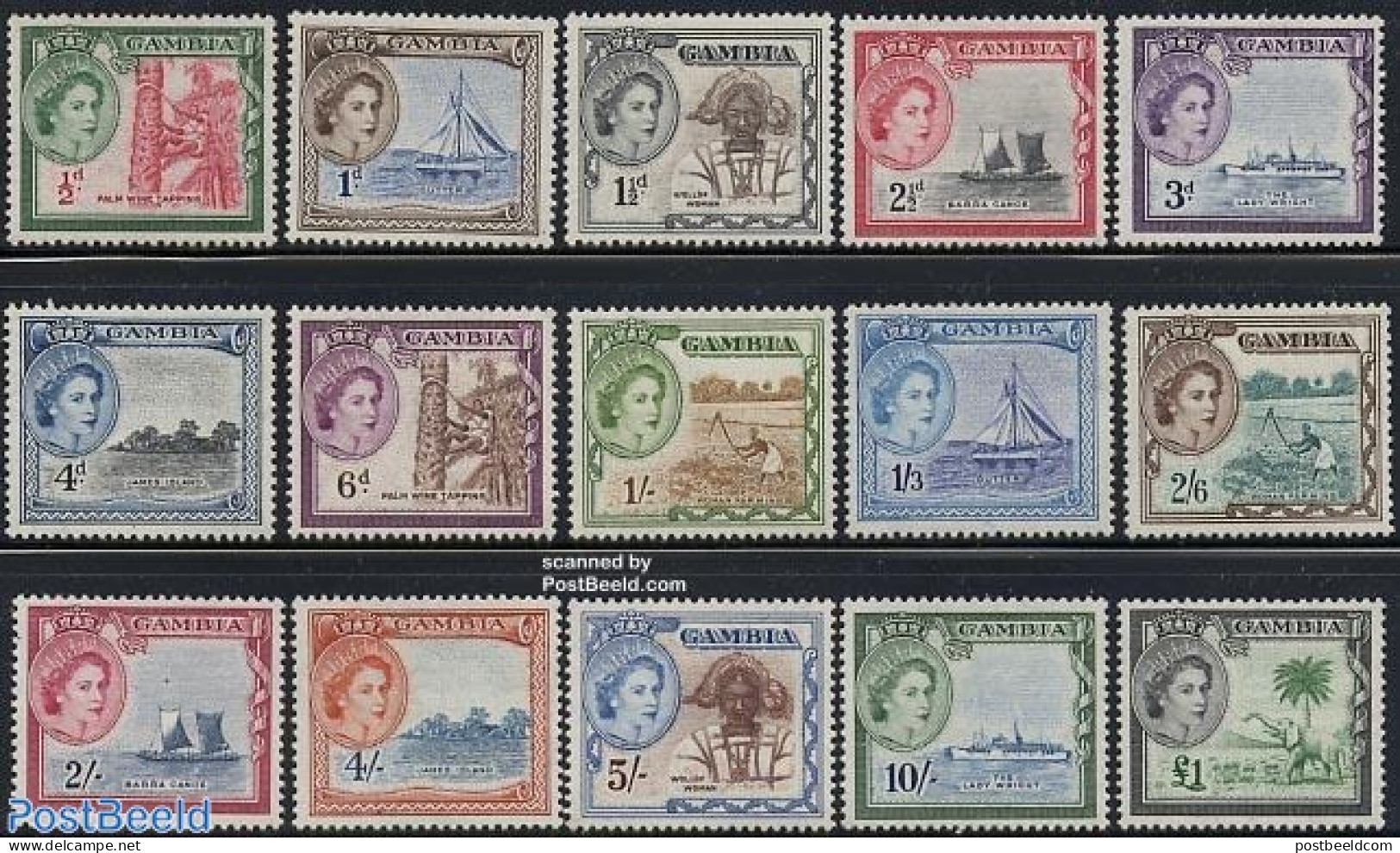 Gambia 1953 Definitives 15v, Unused (hinged), History - Nature - Transport - Various - Elephants - Trees & Forests - S.. - Rotary, Lions Club