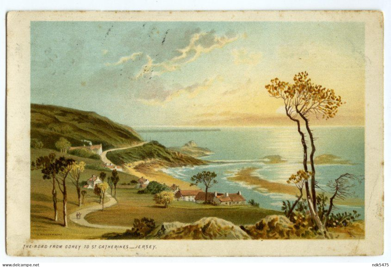 CHROMO LITHO : JERSEY - THE ROAD FROM GOREY TO ST. CATHERINES / COVENTRY, HILL CROSS (CLARKE) - Other & Unclassified