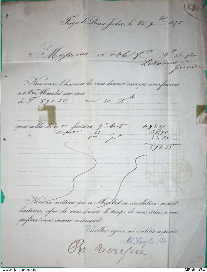 N°60C GC 335 LA BASSE INDRE LOIRE INFERIEURE POUR LIBOURNE GIRONDE 1875 LETTRE COVER FRANCE - 1849-1876: Période Classique