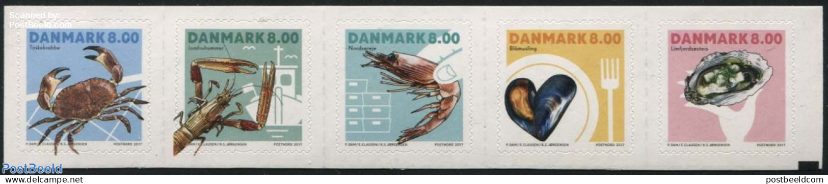 Denmark 2017 Shellfish 5v S-a, Mint NH, Health - Nature - Transport - Food & Drink - Shells & Crustaceans - Ships And .. - Neufs