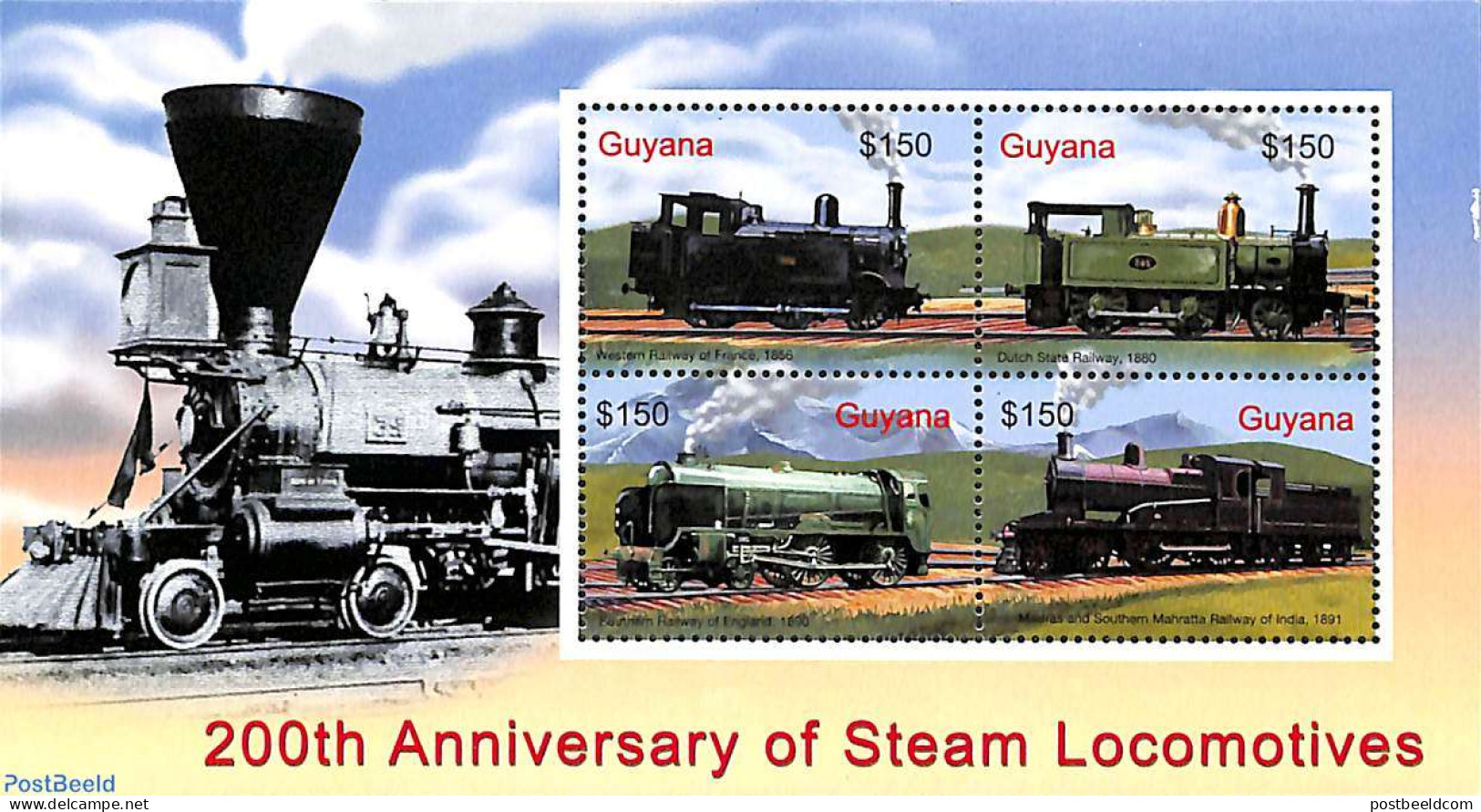 Guyana 2004 200 Years Steam Locomotives 4v M/s, Mint NH, History - Transport - Netherlands & Dutch - Railways - Geography