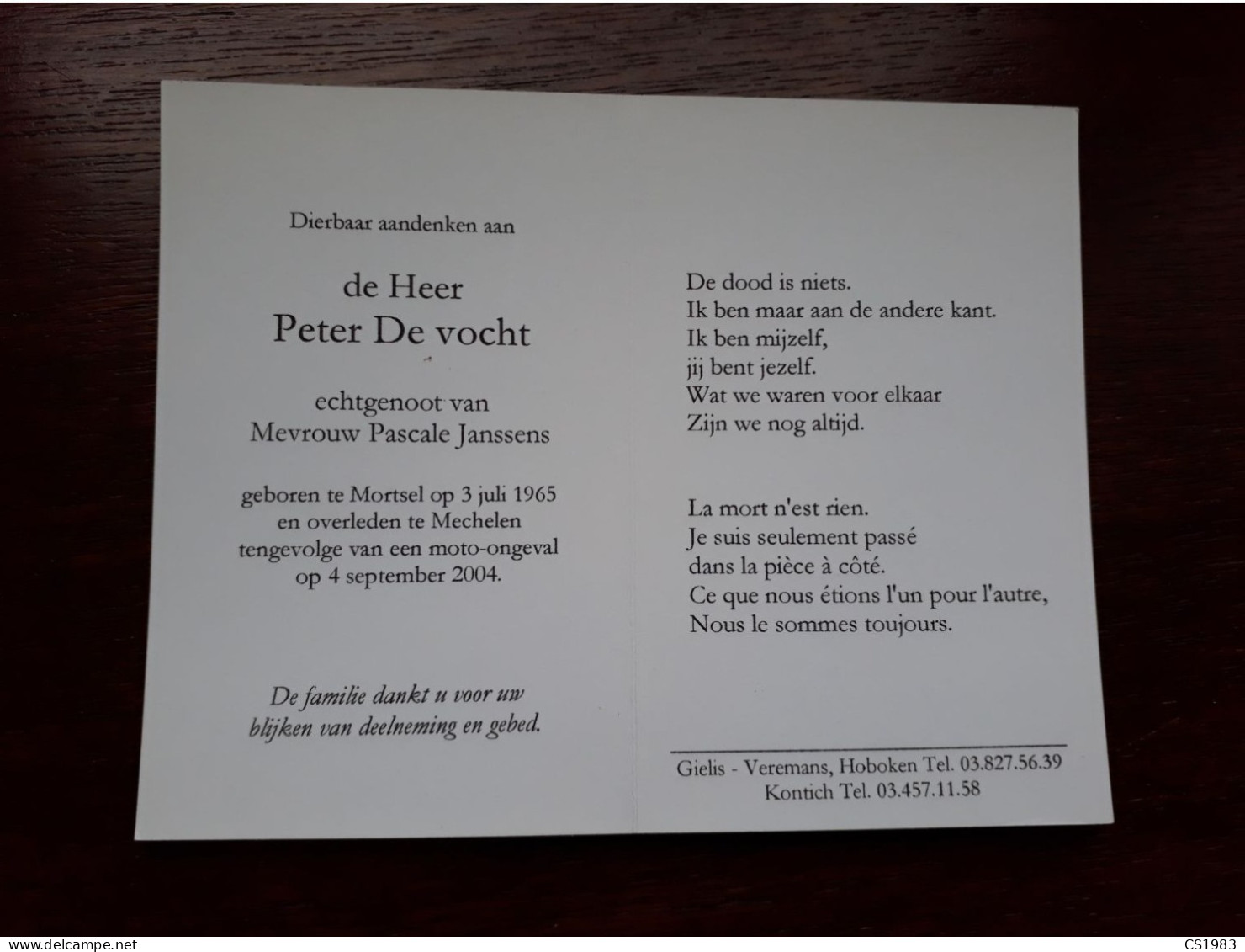 Peter De Vocht ° Mortsel 1965 + Mechelen 2004 X Pascale Janssens - Obituary Notices