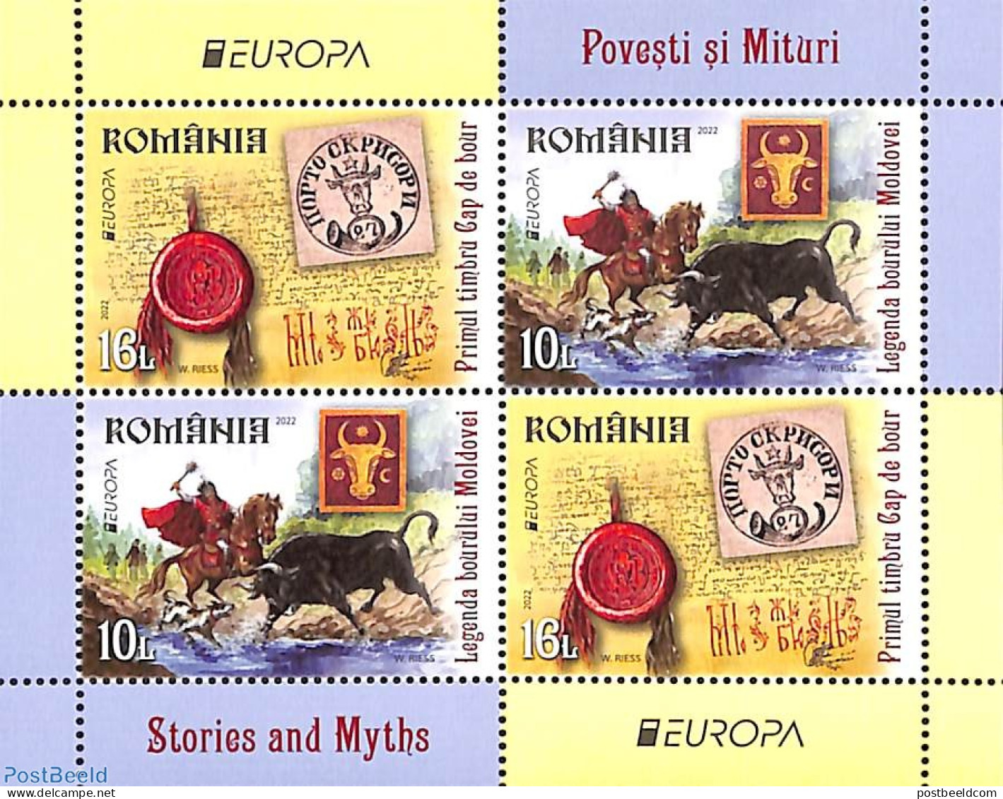 Romania 2022 Europa, Myths & Legends S/s, Mint NH, History - Nature - Europa (cept) - Horses - Stamps On Stamps - Art .. - Ongebruikt