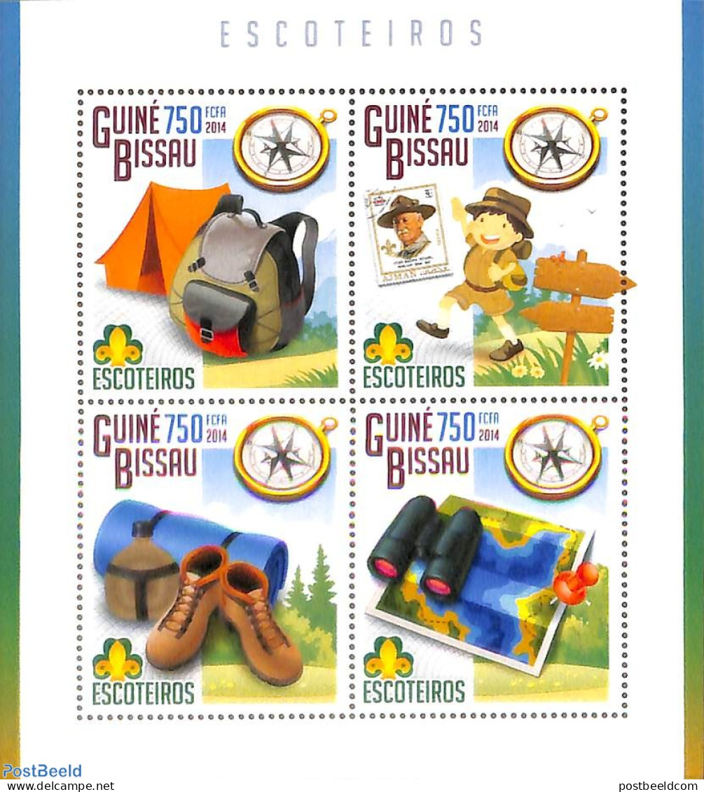 Guinea Bissau 2014 Scouting 4v M/s, Mint NH, Sport - Scouting - Stamps On Stamps - Stamps On Stamps