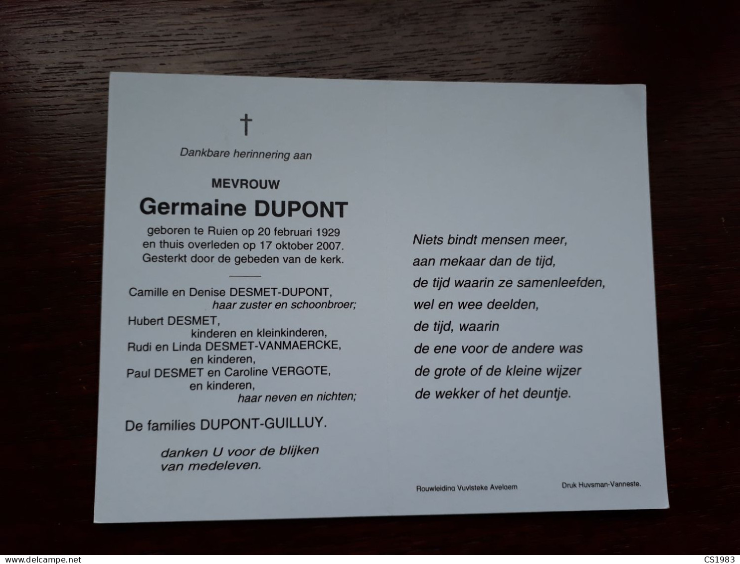 Germaine Dupont ° Ruien 1929 + 2007 (Fam: Guilluy - Desmet - Vanmaercke - Vergote) - Overlijden