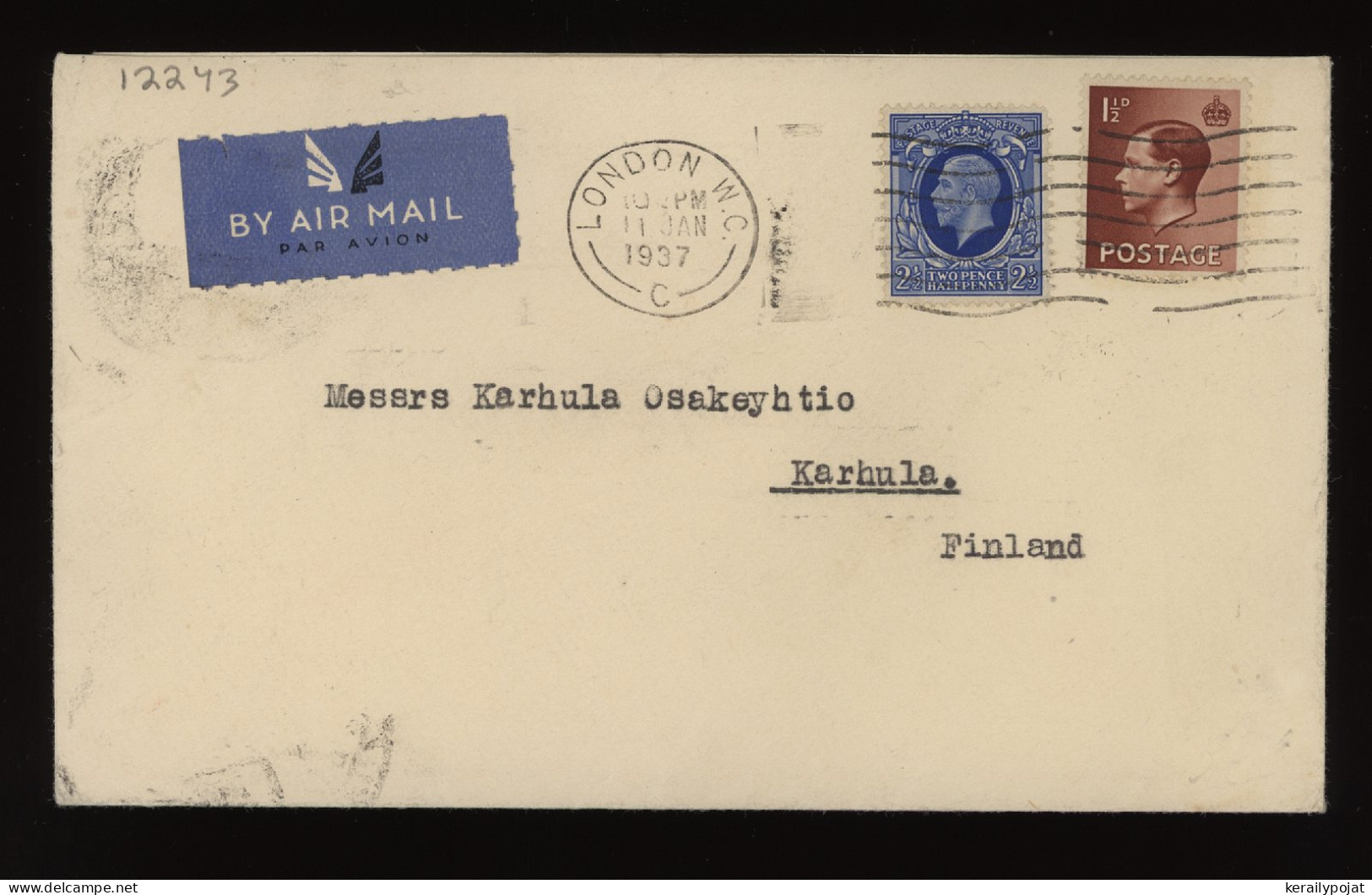 Great Britain 1937 London Air Mail Cover To Finland__(12243) - Covers & Documents