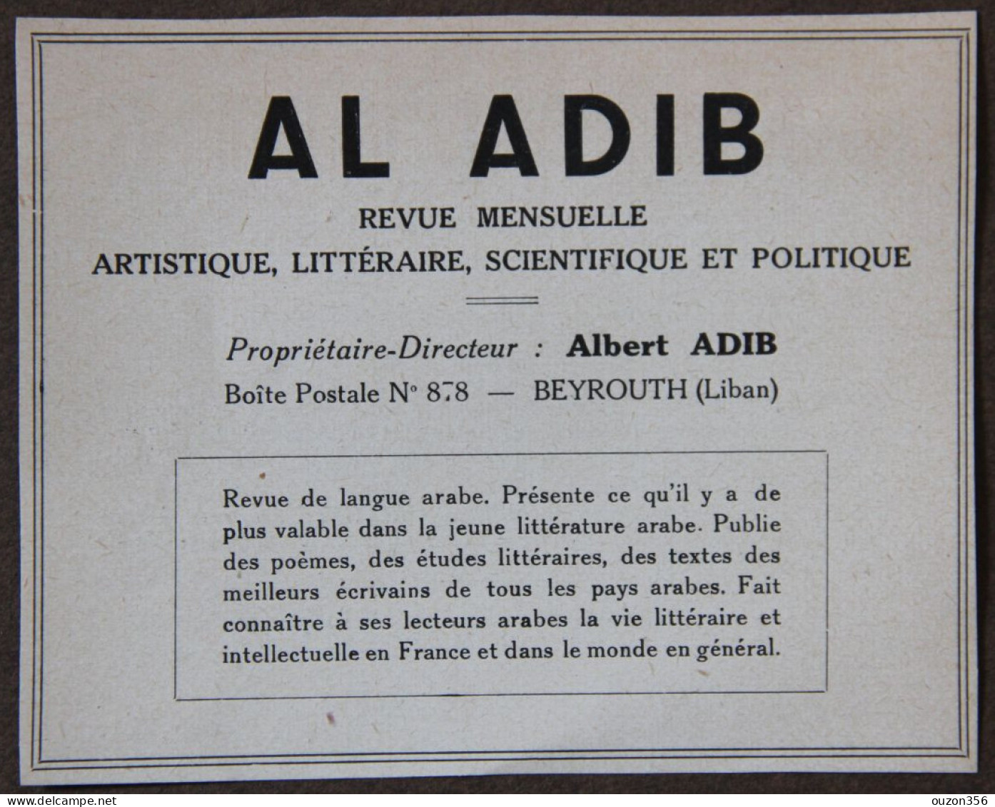 Publicité, AL ADIB, Revue Mensuelle Artistique, Littéraire..., Beyrouth (Liban) 1951 - Publicités