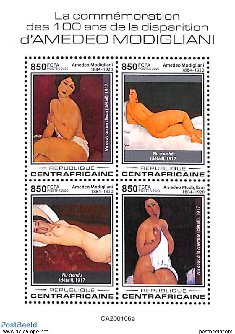 Central Africa 2020 Modigliani 4v M/s, Mint NH, Art - Amedeo Modigliani - Modern Art (1850-present) - Paintings - Zentralafrik. Republik