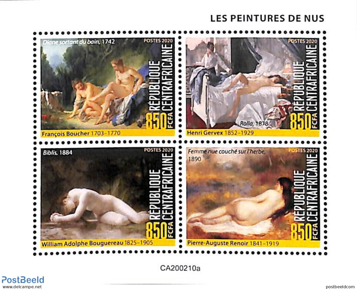Central Africa 2020 Nude Paintings 4v M/s, Mint NH, Art - Nude Paintings - Paintings - Centrafricaine (République)