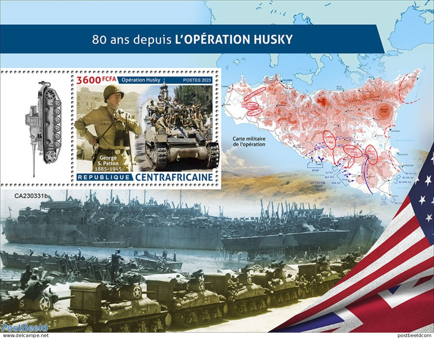 Central Africa 2023 Operation Husky, Mint NH, History - Transport - Various - World War II - Ships And Boats - Maps - Guerre Mondiale (Seconde)