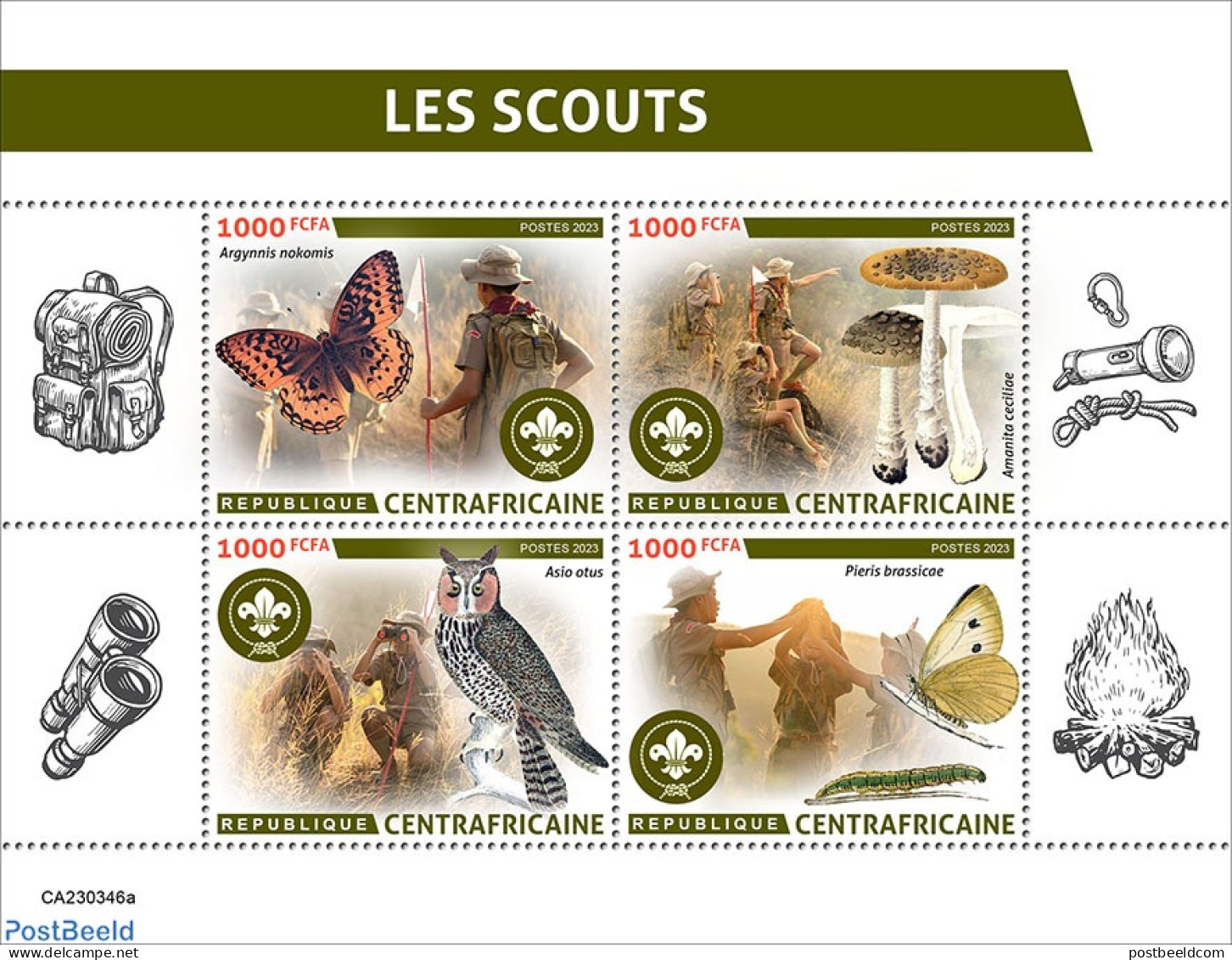 Central Africa 2023 Scouts, Mint NH, Nature - Sport - Butterflies - Mushrooms - Owls - Scouting - Pilze