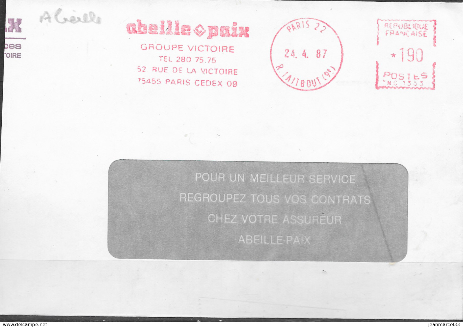 L'Abeille Sur EMA Rouge De Paris 22  24. 4. 87  ( Assurances Abeille-Paix ) - Abeilles
