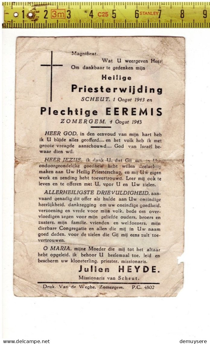 KL 5313 - PRIESTERWIJDING VAN : JULIEN HEYDE - SCHEUT 1943 ZOMERGEM - Devotieprenten