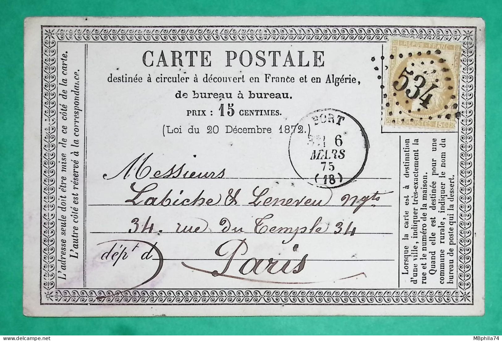 N°55 CARTE PRECURSEUR GC 534 BORT CORREZE POUR PARIS 1875 LETTRE COVER FRANCE - 1849-1876: Classic Period