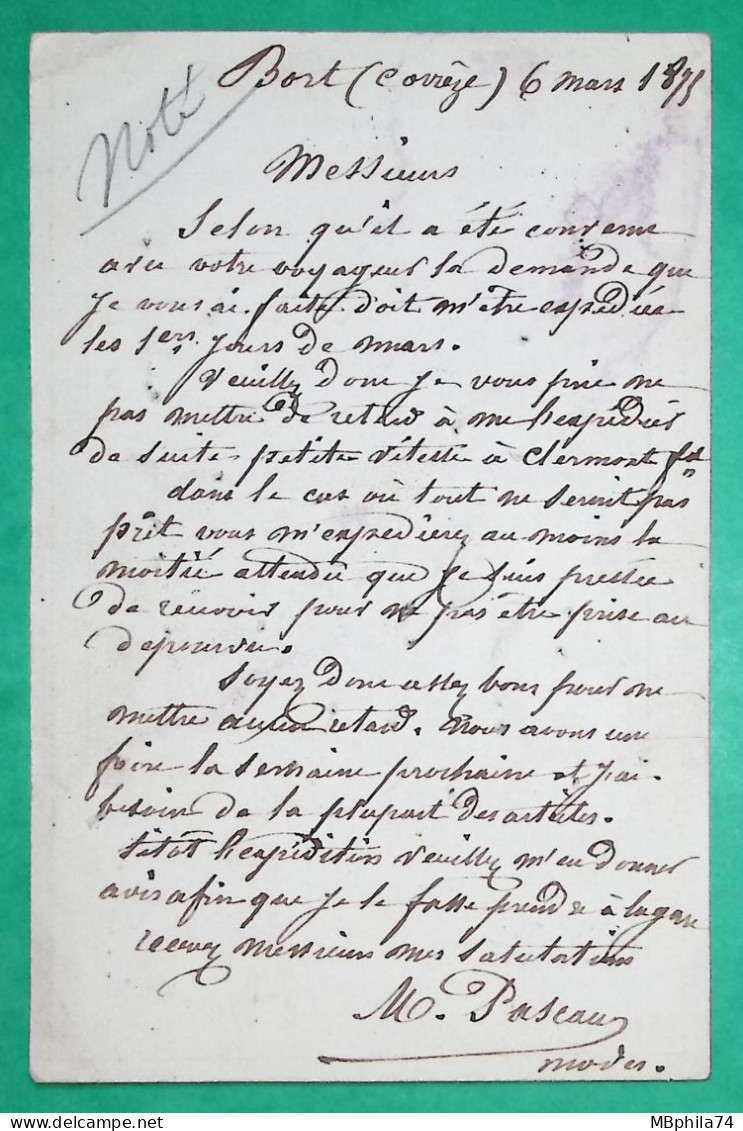 N°55 CARTE PRECURSEUR GC 534 BORT CORREZE POUR PARIS 1875 LETTRE COVER FRANCE - 1849-1876: Période Classique