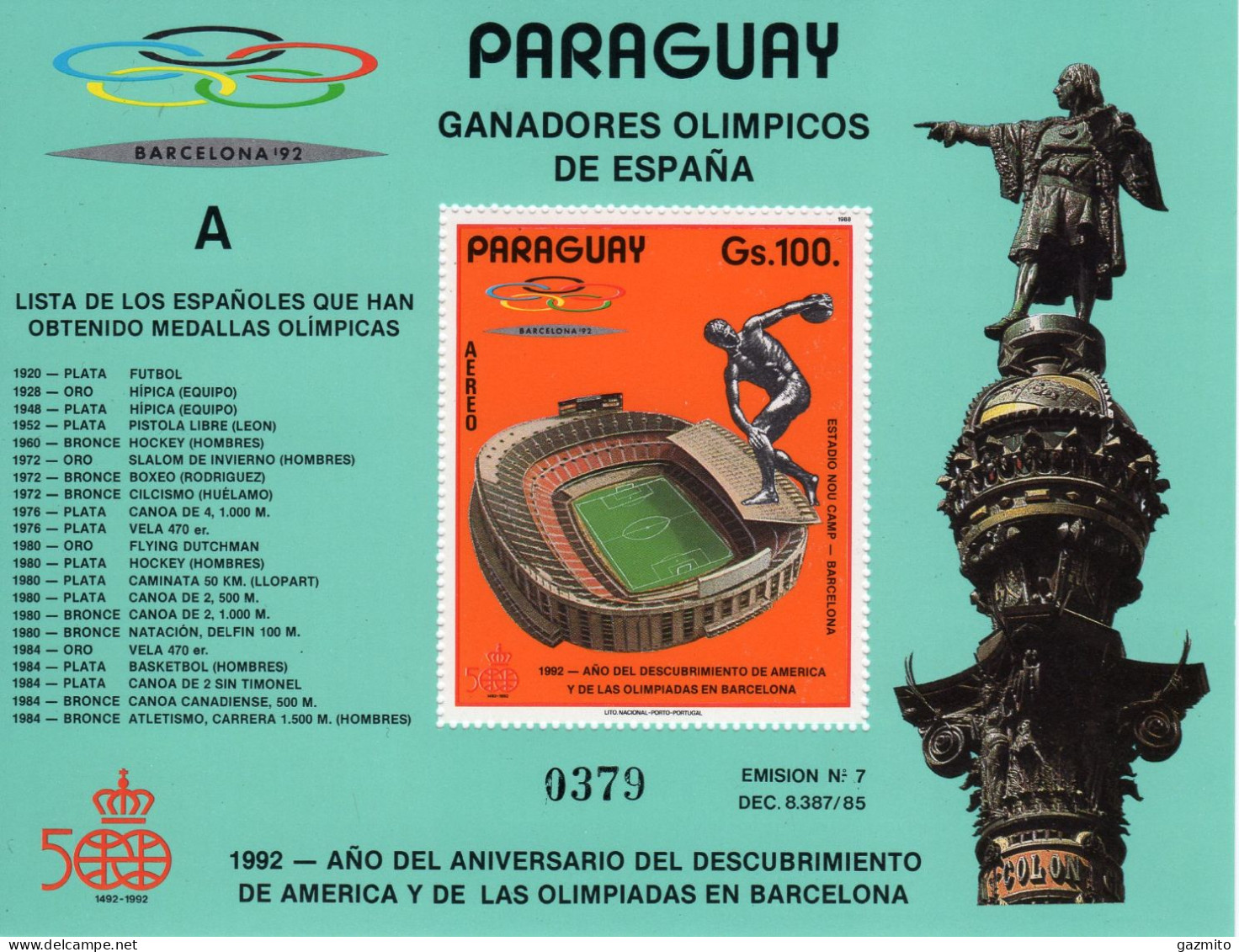 Paraguay 1989, Olympic Game In Barcellona, Columbus, BF - Sommer 1992: Barcelone