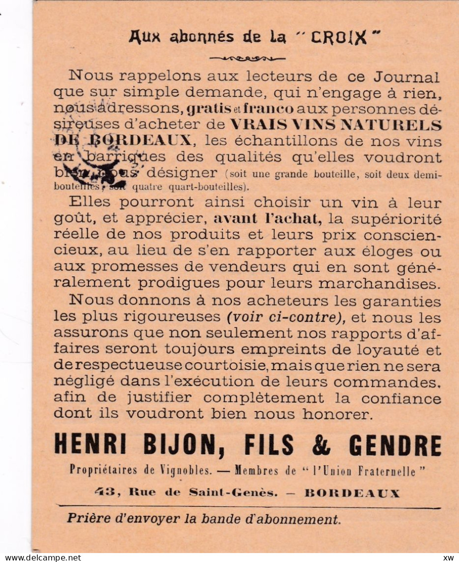 VINS-BORDEAUX-Tarif De Vins De Bordeaux "Henri BIJON, Fils & Gendre Offert Par Le Journal Lacroix à Ses Abonnés-19-05-24 - Sonstige & Ohne Zuordnung