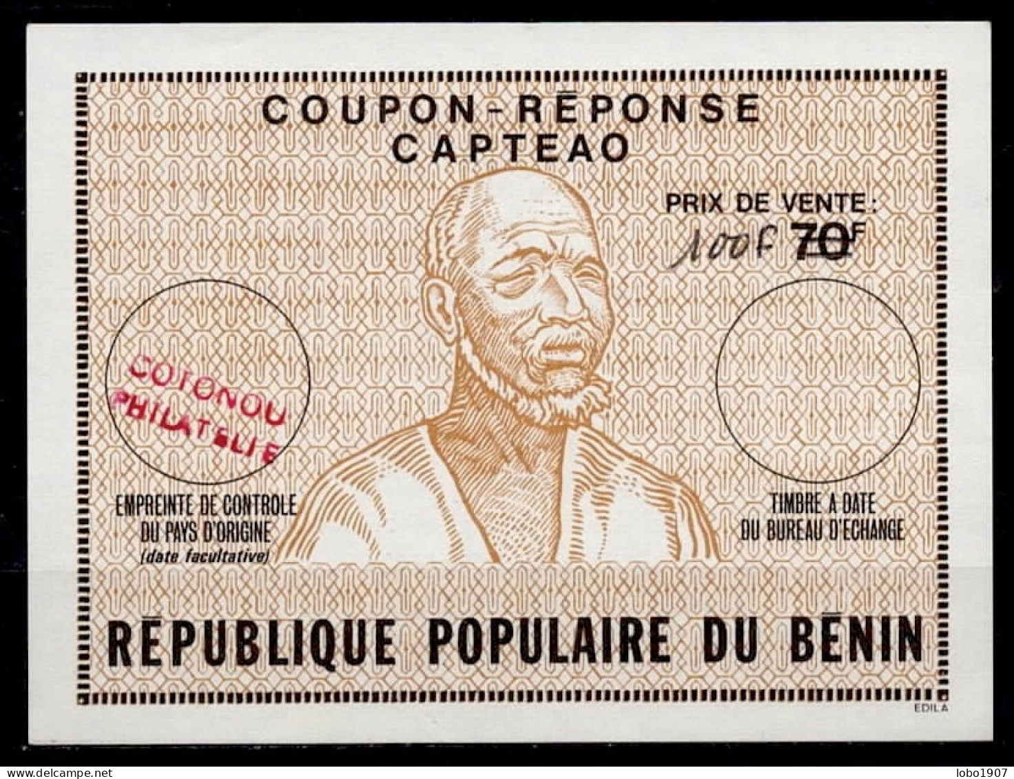 DAHOMEY BENIN  Ca1  CAPTEAO AFRICA  100F / 70 F Reply Coupon Reponse Antwortschein IRC IAS Cupon Respuesta  O COTONOU - Bénin – Dahomey (1960-...)