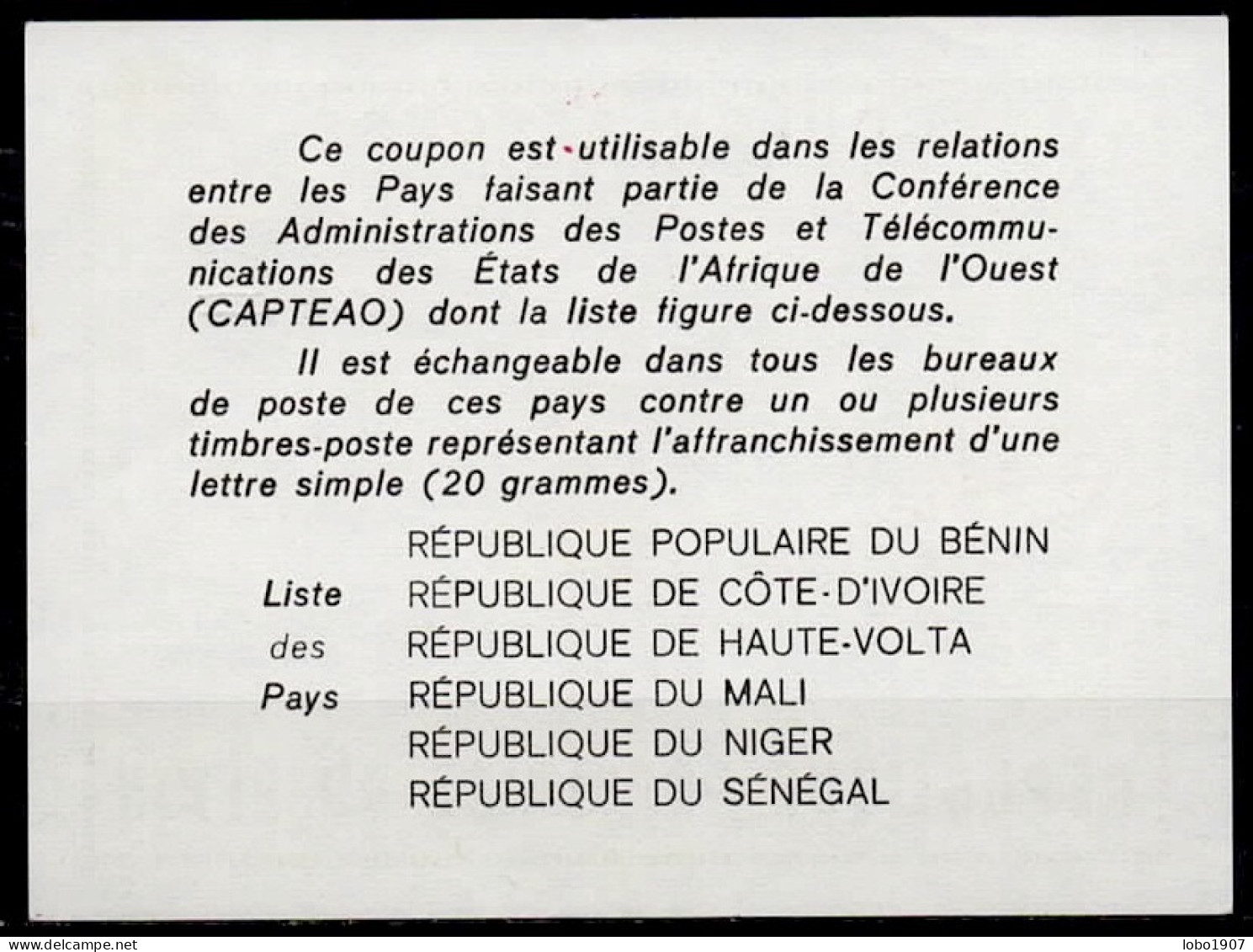 DAHOMEY BENIN  Ca1  CAPTEAO AFRICA  100F / 70 F Reply Coupon Reponse Antwortschein IRC IAS Cupon Respuesta  O COTONOU - Bénin – Dahomey (1960-...)