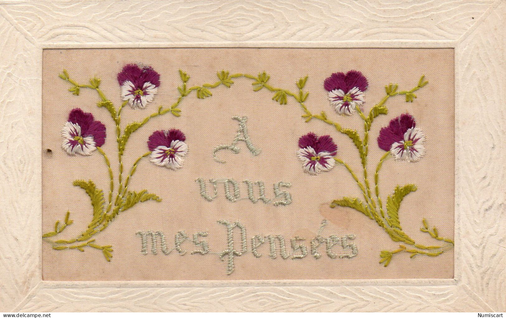 Carte Brodée "A Vous Mes Pensées" Fantaisie - Embroidered