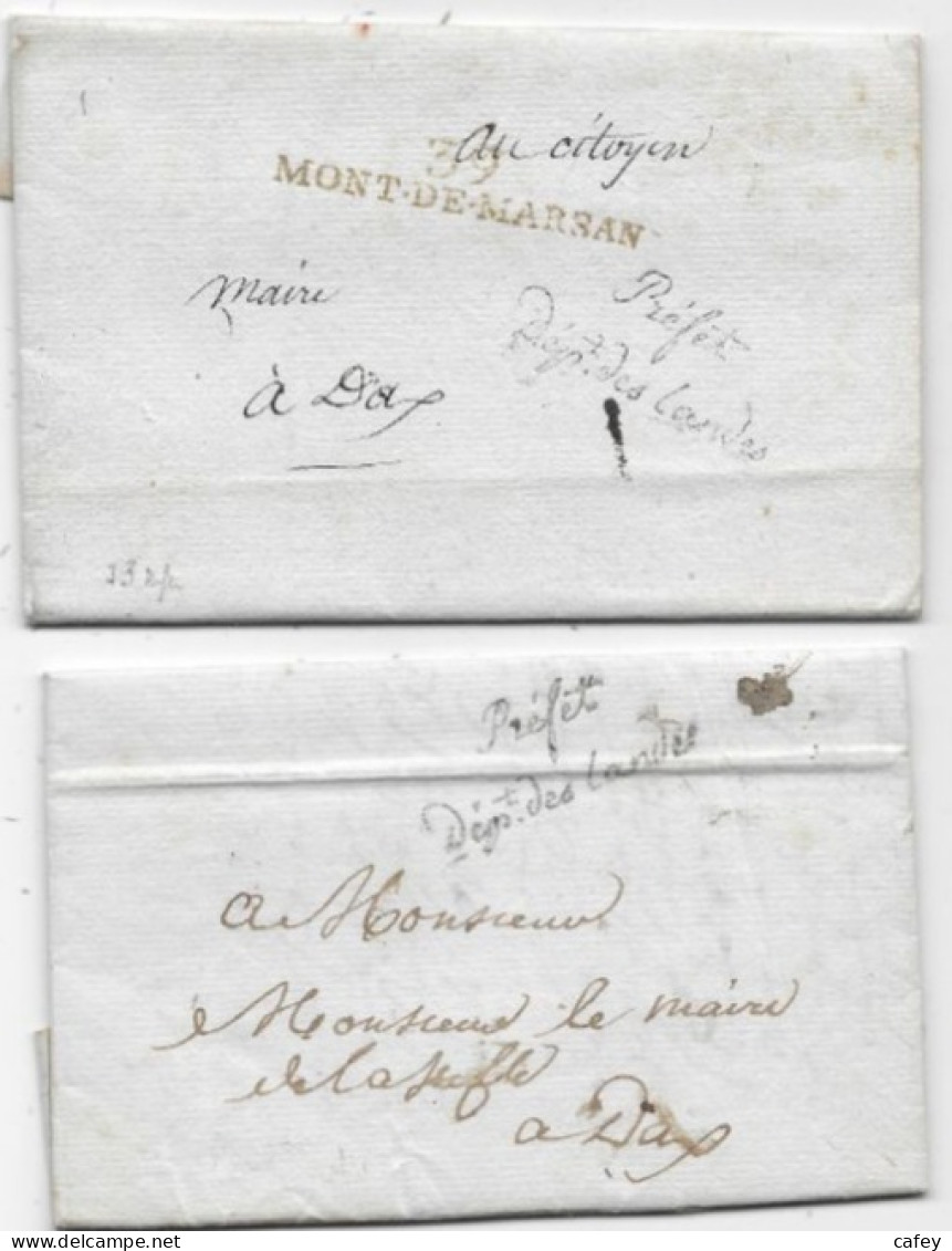 LANDES 2 Lettres De MONT DE MARSAN Griffe PREFET / DEPt DES LANDES Entêtes Belles Vignettes AN 10 Et 1810 - 1801-1848: Précurseurs XIX