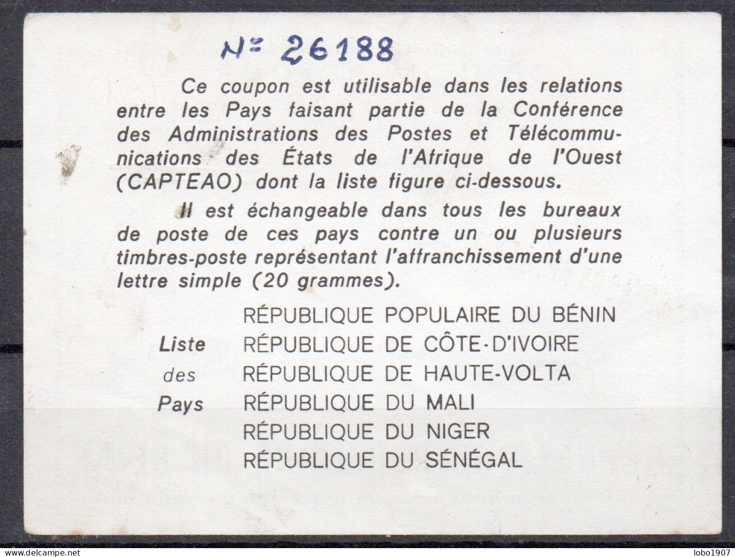 DAHOMEY BENIN  Ca1  CAPTEAO AFRICA 150 / 90F / 70 F Reply Coupon Reponse Antwortschein IRC IAS O COHICON / Redemed DAKAR - Bénin – Dahomey (1960-...)