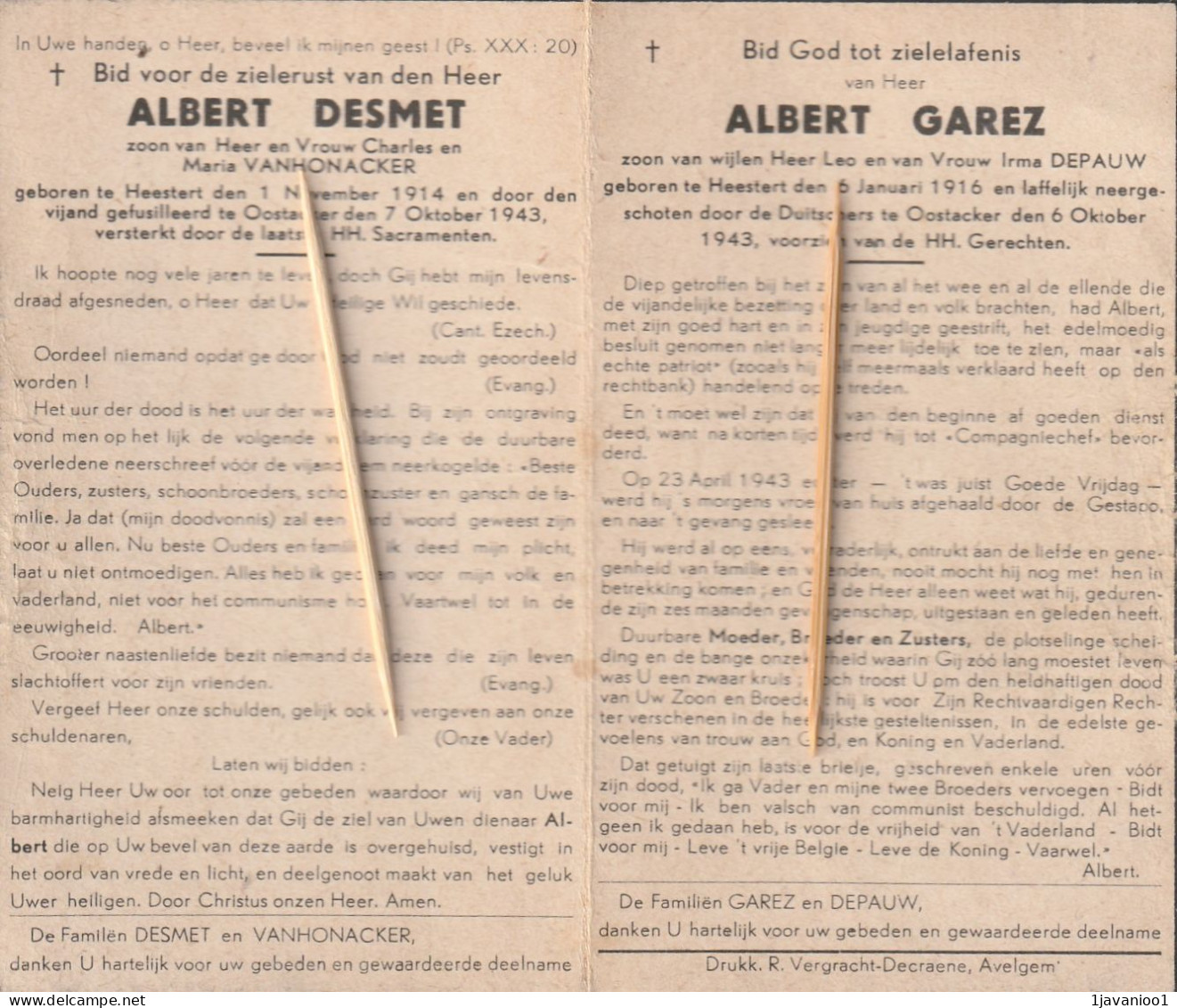 Oorlogsslachtoffer : 1943, Albert Desmet, Albert Garez, Heestert, Oostakker, Oostacker, - Andachtsbilder