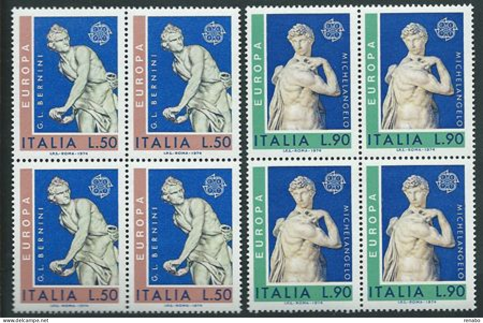 Italia 1974; EUROPA CEPT: Sculture, Sculptures Di Bernini E Michelangelo; Completa. Quartine. - 1974