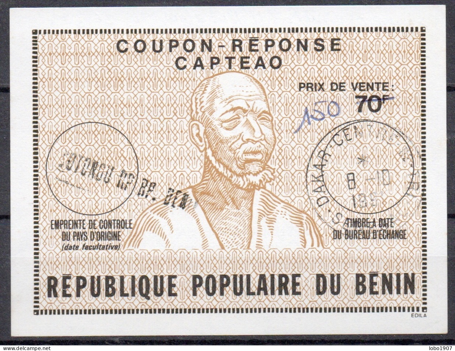 DAHOMEY BENIN  Ca1  CAPTEAO AFRICA  150 / 70 F Reply Coupon Reponse Antwortschein IRC IAS O COTONOU / Redemed DAKAR 08.1 - Bénin – Dahomey (1960-...)