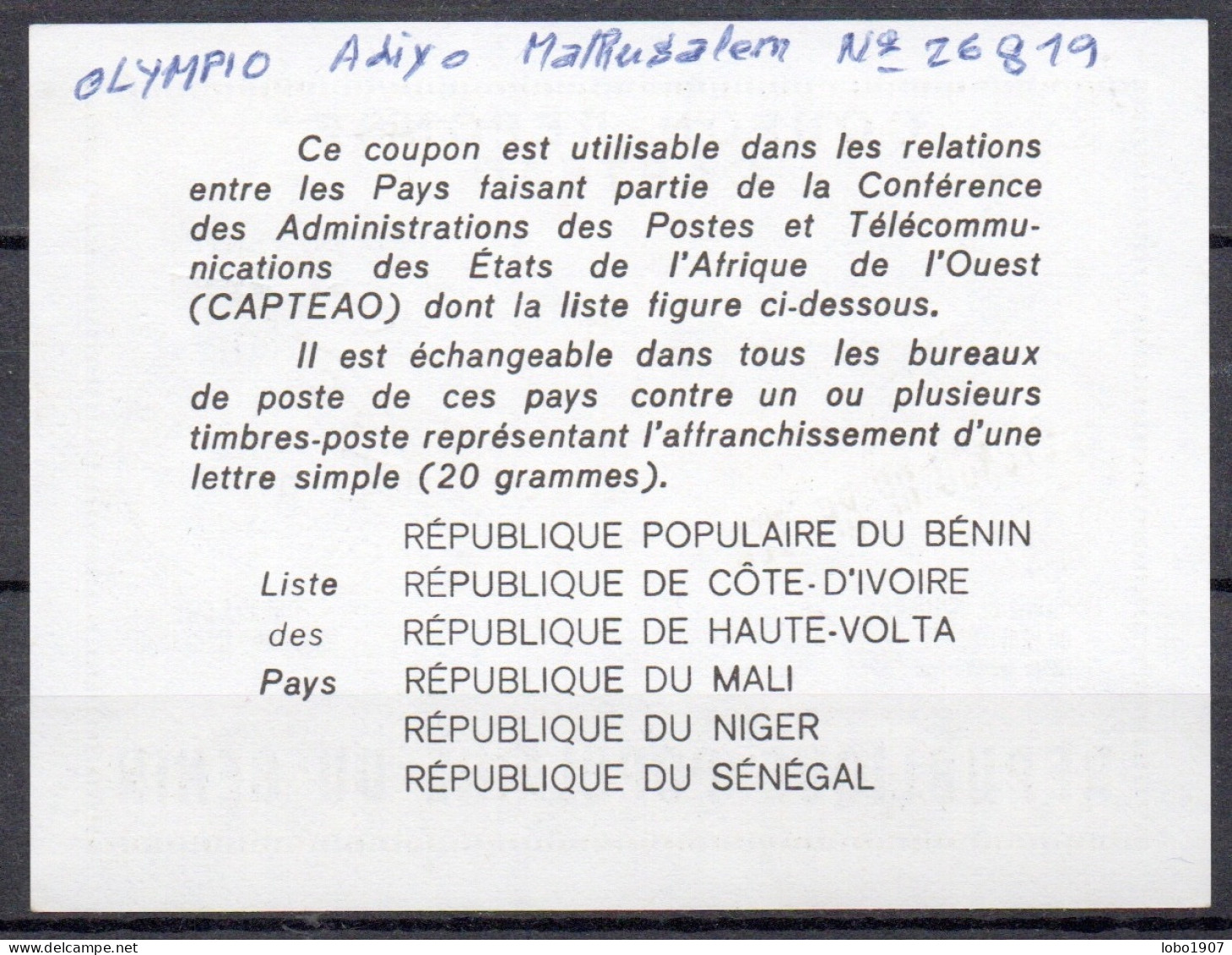 DAHOMEY BENIN  Ca1  CAPTEAO AFRICA  150 / 70 F Reply Coupon Reponse Antwortschein IRC IAS O COTONOU / Redemed DAKAR 08.1 - Bénin – Dahomey (1960-...)