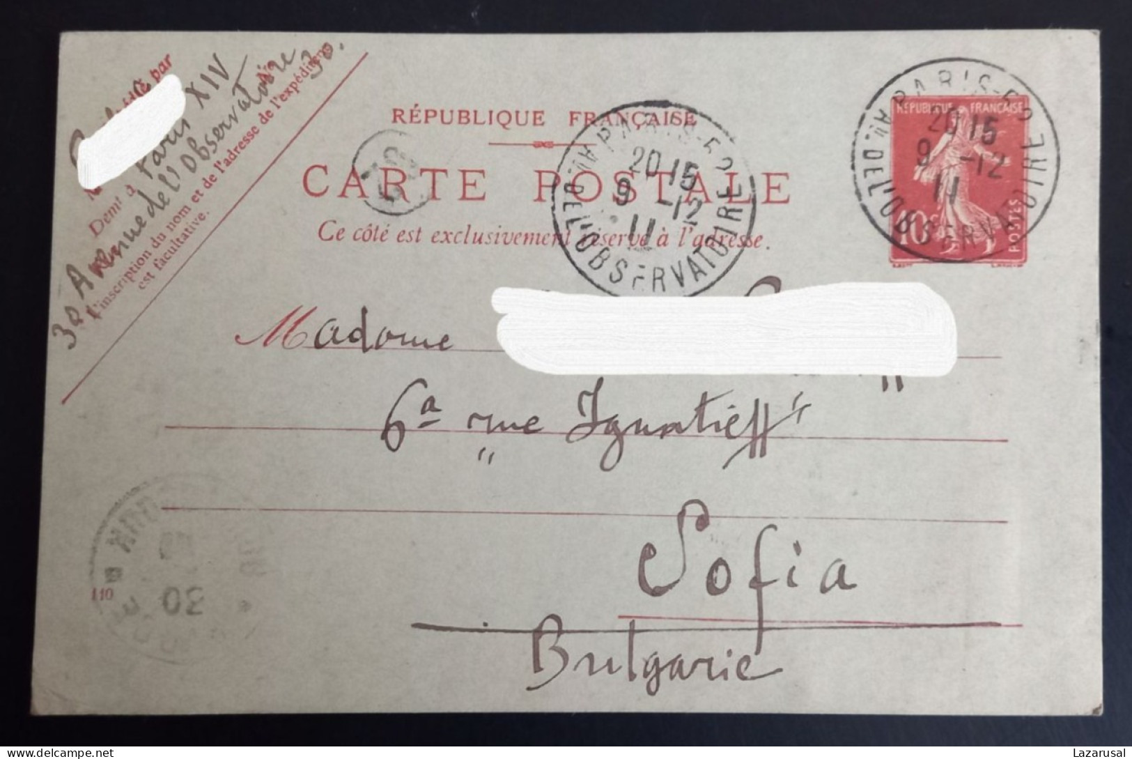 Lot #1  France Stationery Sent To Bulgaria Sofia Balkan War 1912 - Cartes-lettres